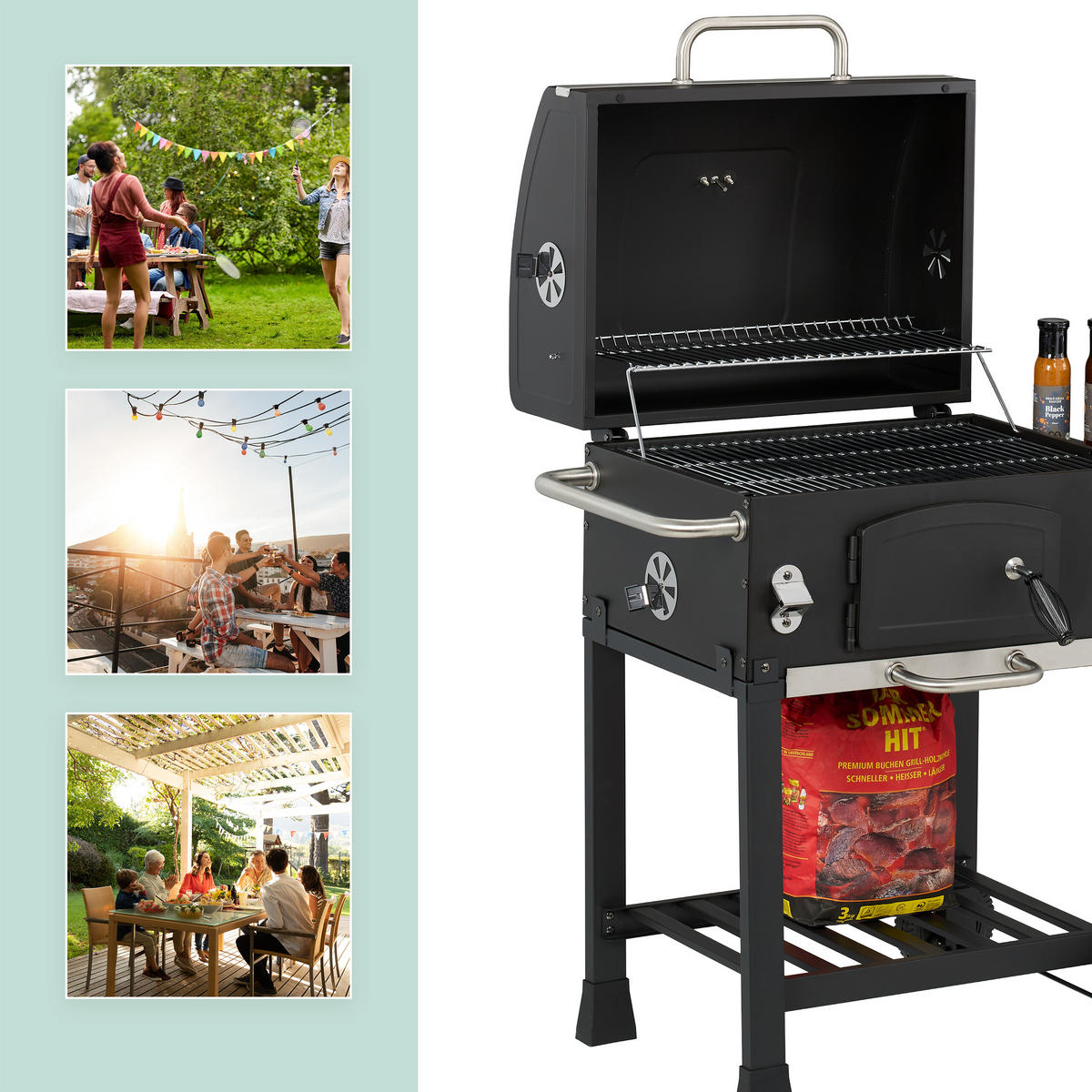 HOLZKOHLEGRILLWAGEN - Schwarz, Kunststoff/Metall (103/104/65cm) - Relaxdays