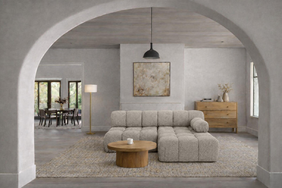 ECKSOFA L-Form Mini II Modular, Bouclé-Stoff Abriamo, Beige, Rechts, Selia - Beige, Holz (190/160cm) - Kaiser Möbel