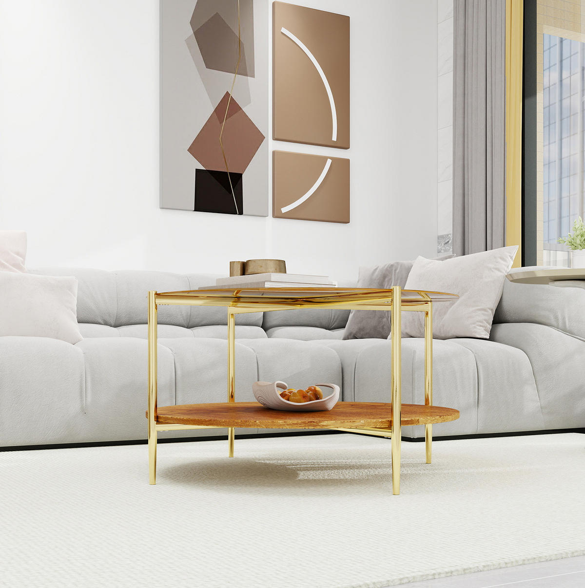 COUCHTISCH Ø82/45 cm in Gold mit Glasplatte und Holzablage - Goldfarben, Glas (82/82/45cm) - BEAOK