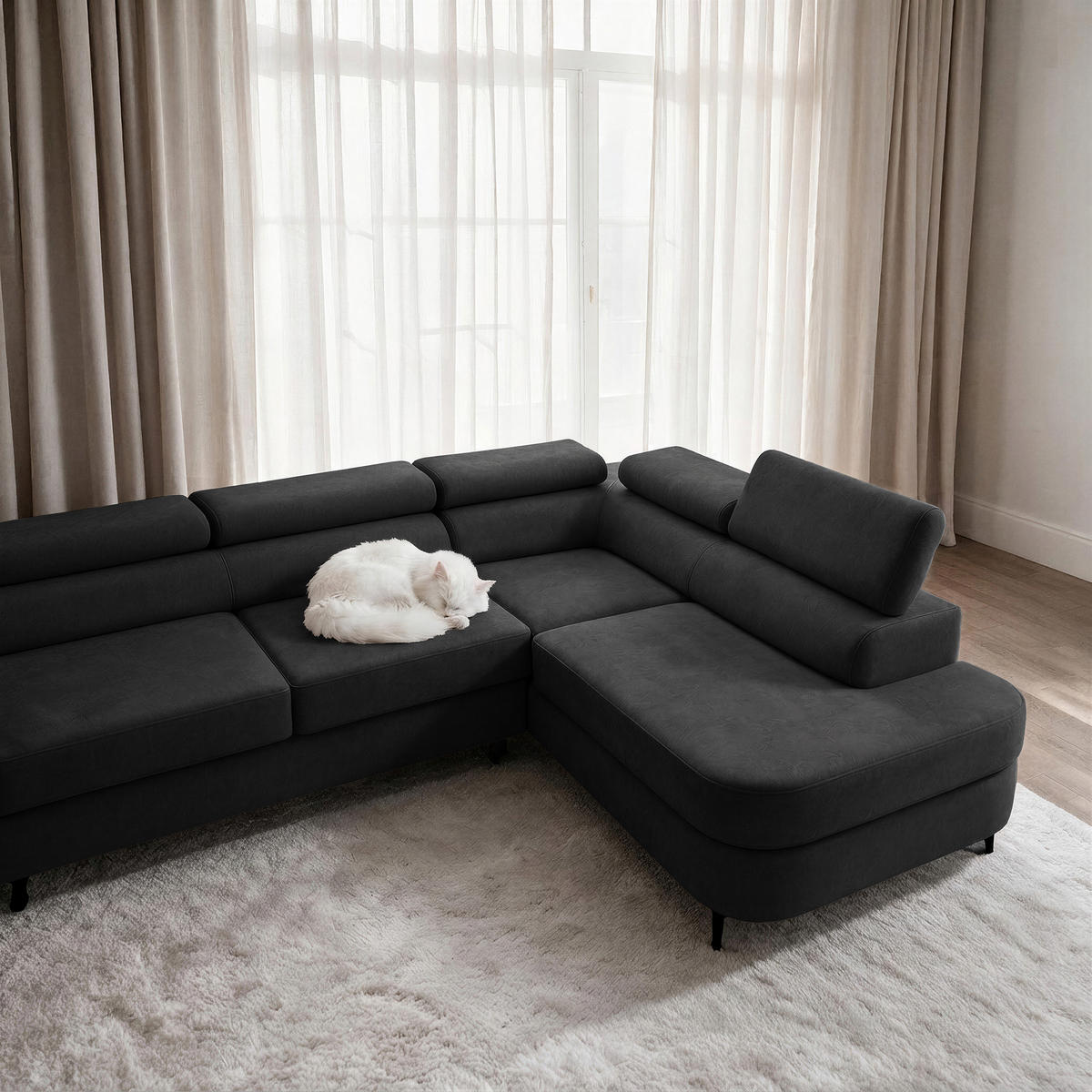 ECKSOFA PRIAM MAXI L-Form Rechts mit Schlaffunktion 125x195 Velours Anthrazit - Anthrazit/Schwarz, Holz/Textil (350/203cm) - Muffo