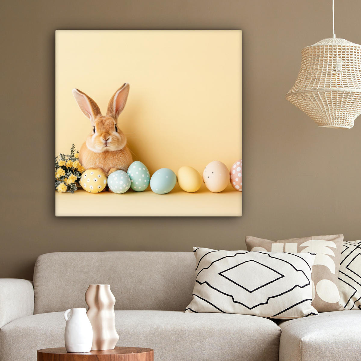 LEINWANDBILD Eier - Kaninchen - Pastellfarbtöne Deko Groß 90x90 cm - Hellgelb, Textil (90/90cm) - MuchoWow