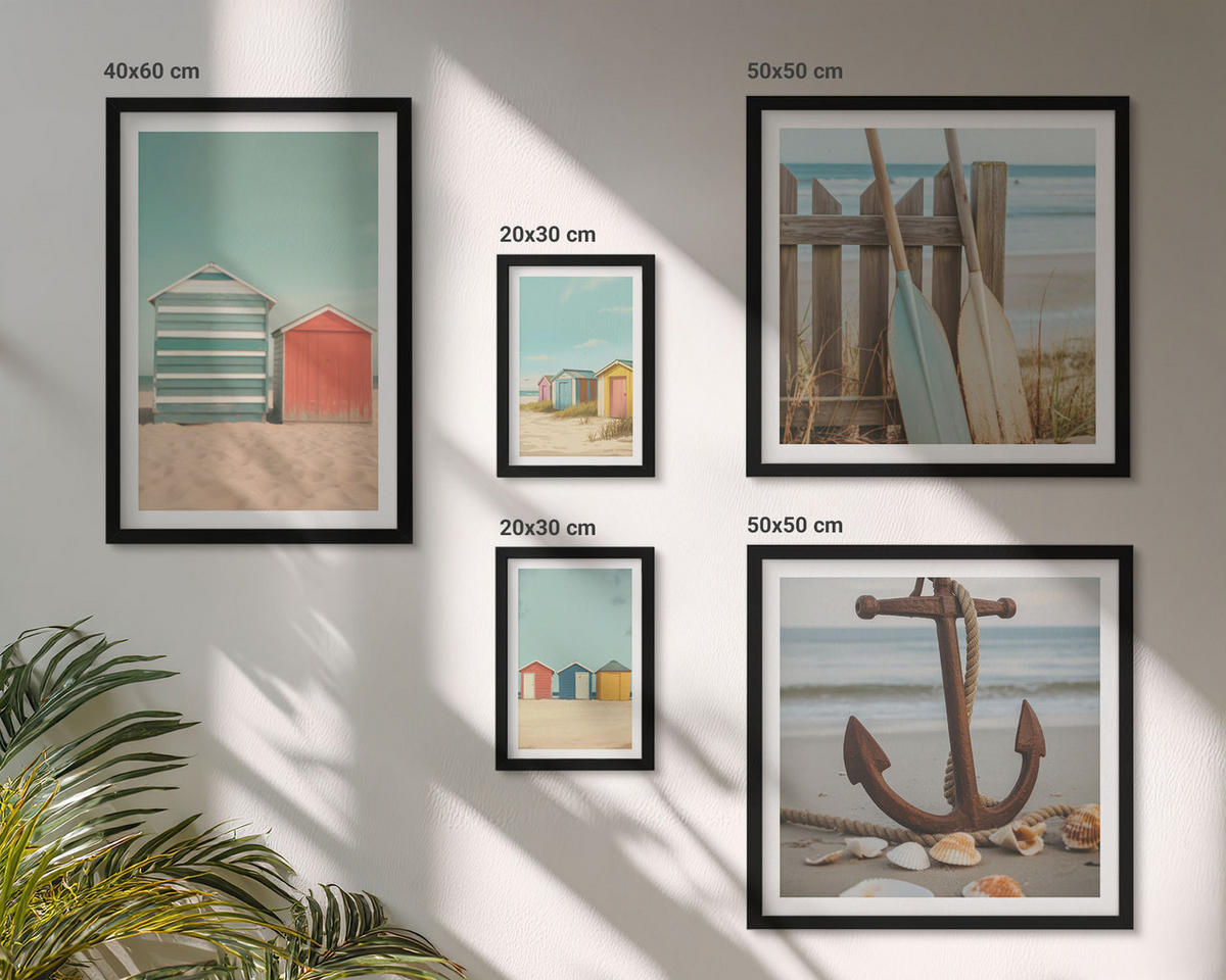 WANDBILDER 5er-Set - 50x50 cm & 20x30 cm & 40x60 cm Schwarzer Rahmen - Bunte Häuser, Strand, Sonne - Schwarz, Kunststoff (40/60cm) - ArtPrintCave