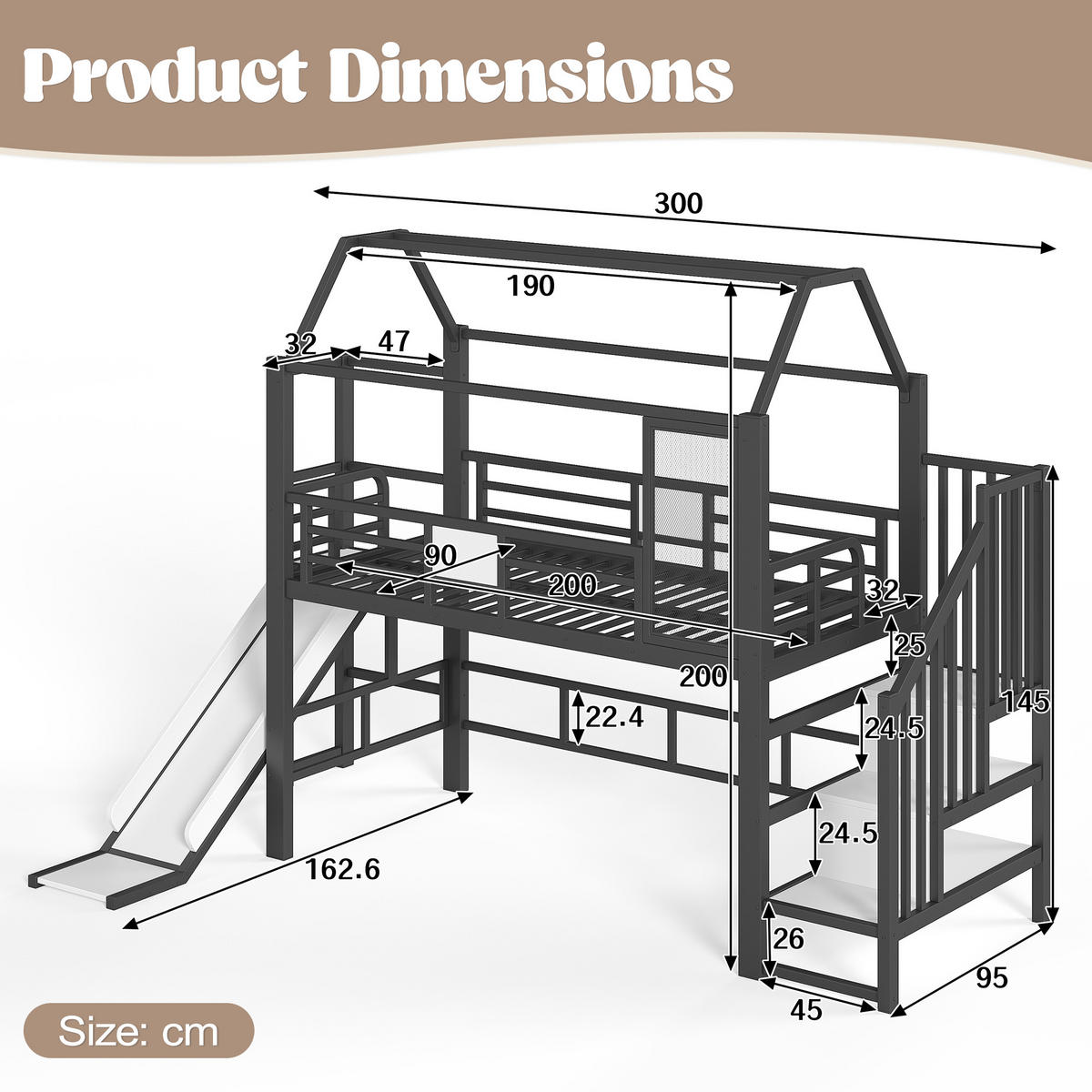 HOCHBETT 90/200cm mit Rutsche, LED/Treppe, Metall, Schwarz - Schwarz, Metall (90/200cm) - LVHOM