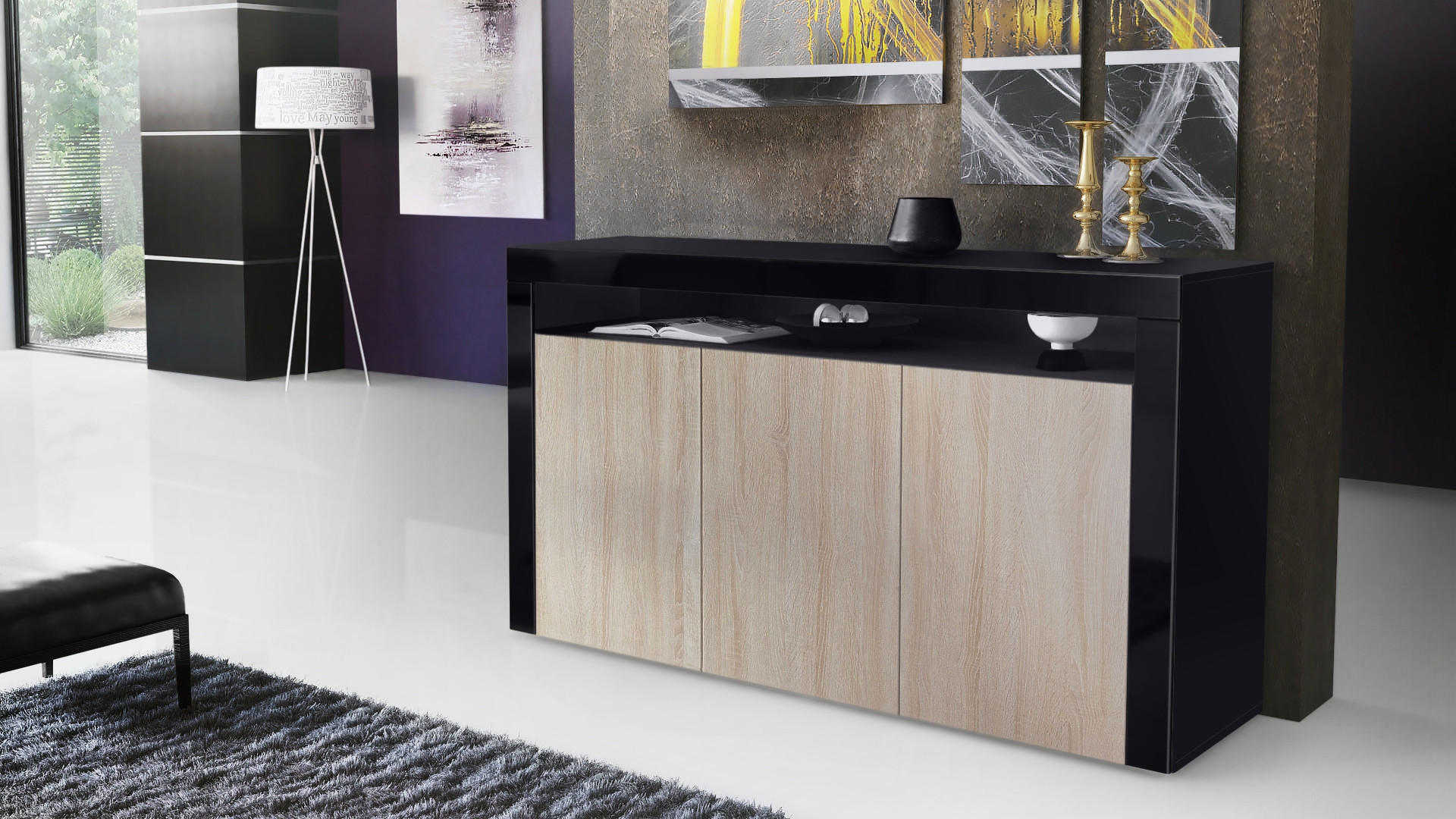 SIDEBOARD Valencia Eiche sägerau / Schwarz Hochglanz - Eiche San Remo, Holzwerkstoff (155/92/40cm) - Vladon