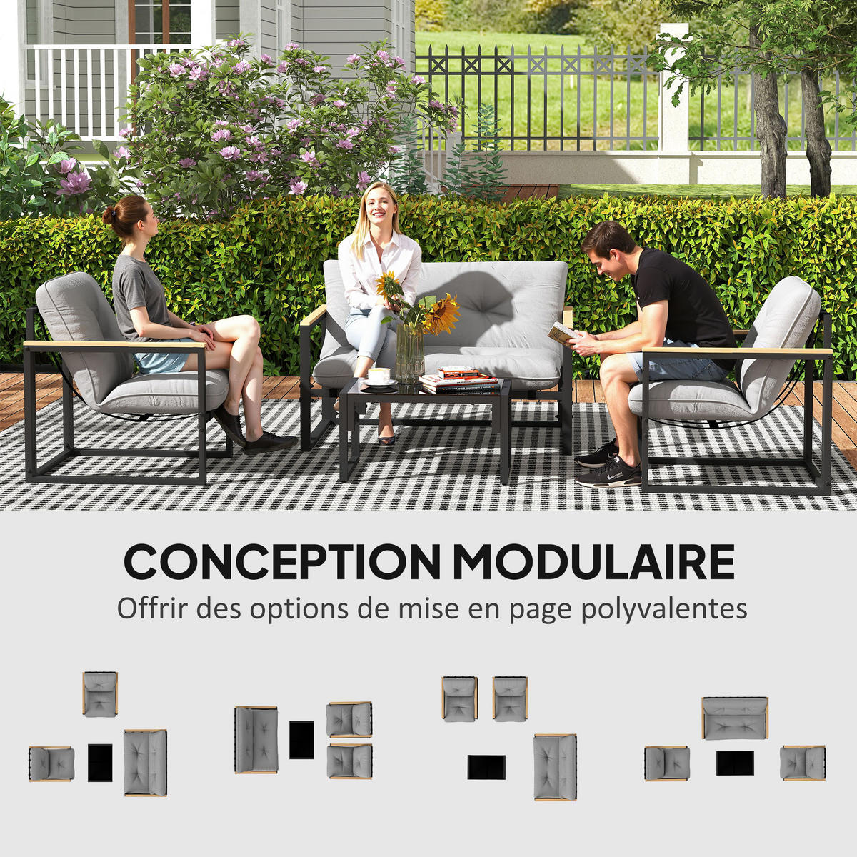 GARTENLOUNGE-SET 4-teilig DE-13425 2 Sessel + Sofa mit Tisch Grau - Hellgrau, Metall - ComfortXL
