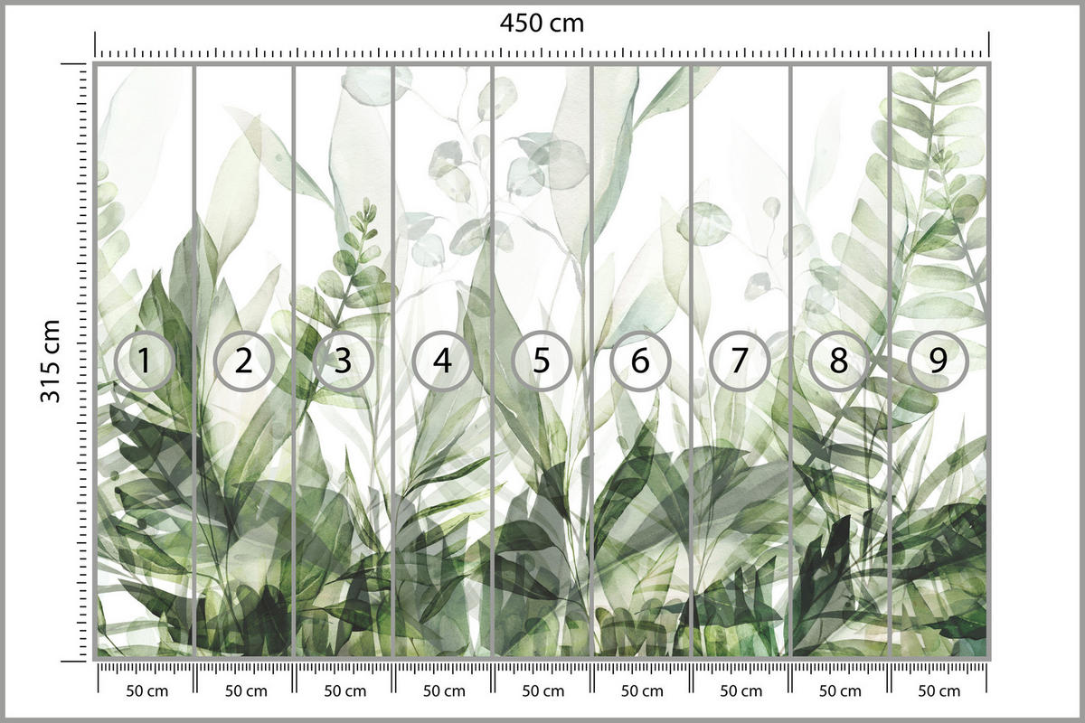 FOTOTAPETE für Schlafzimmer Aquarell Tropische Grüne Blätter Exotisch Blätter 450x315 - Weiß/Grün, Papier (450/315cm) - Muralo