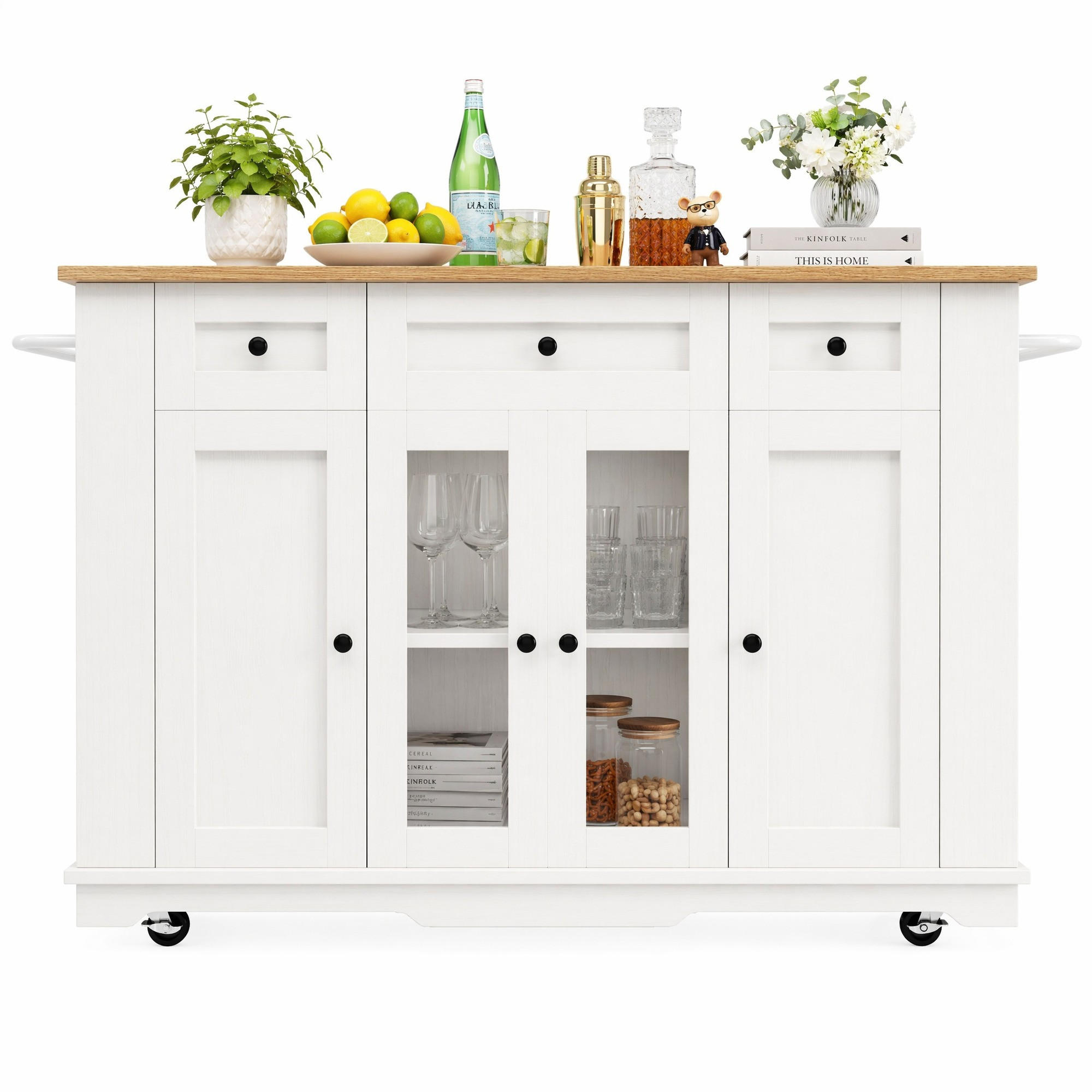 KÜCHENINSEL in Weiß und Naturfarben Servierwagen mit Schubladen für Küche und Esszimmer, B151.5/T60/H91.7 cm - Weiß/Naturfarben, Glas/Holzwerkstoff (151.5/91.7/60cm) - STILVORA