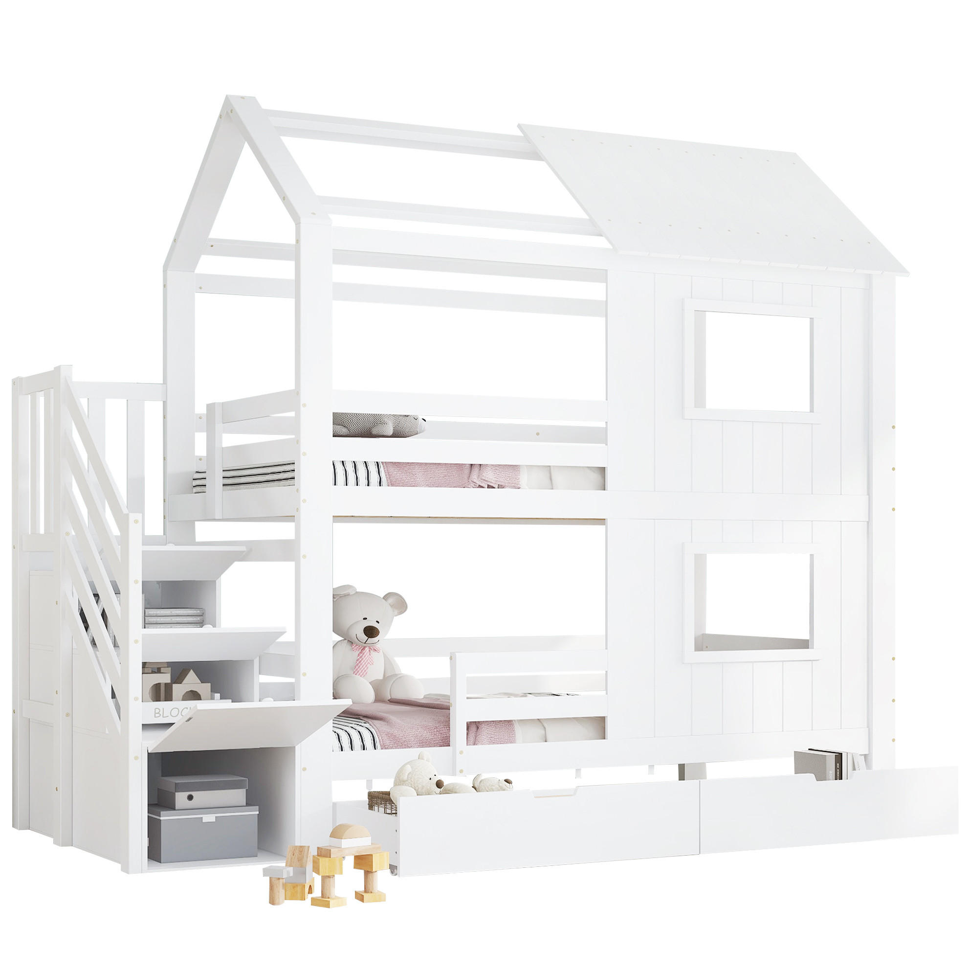 ETAGENBETT 90/200 cm weiß aus Kiefer und MDF mit Treppenschrank - Weiß, Holz (90/200cm) - OKWISH