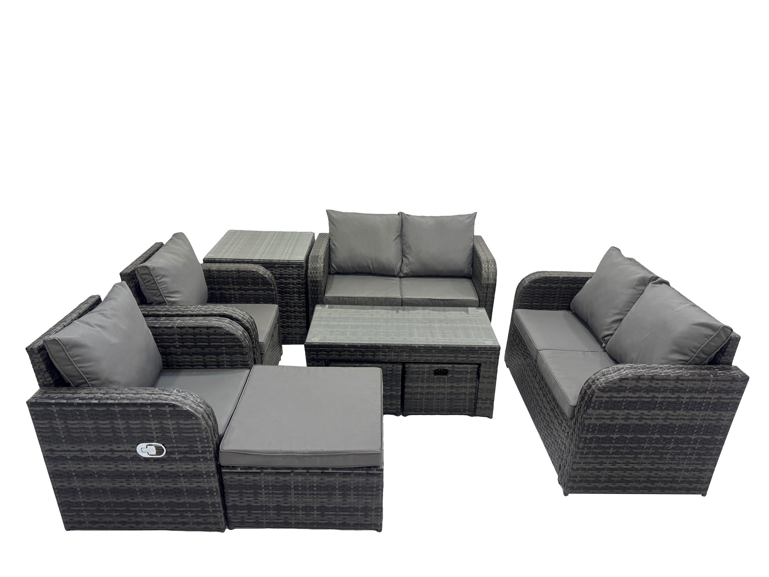 GARTENSOFA SET mit LIEGESTUHL Polyrattan 9-Sitzer Dunkelgrau - Dunkelgrau/Grau, Glas/Kunststoff - Fimous