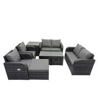 GARTENSOFA SET mit LIEGESTUHL Polyrattan 9-Sitzer Dunkelgrau - Dunkelgrau/Grau, Glas/Kunststoff - Fimous