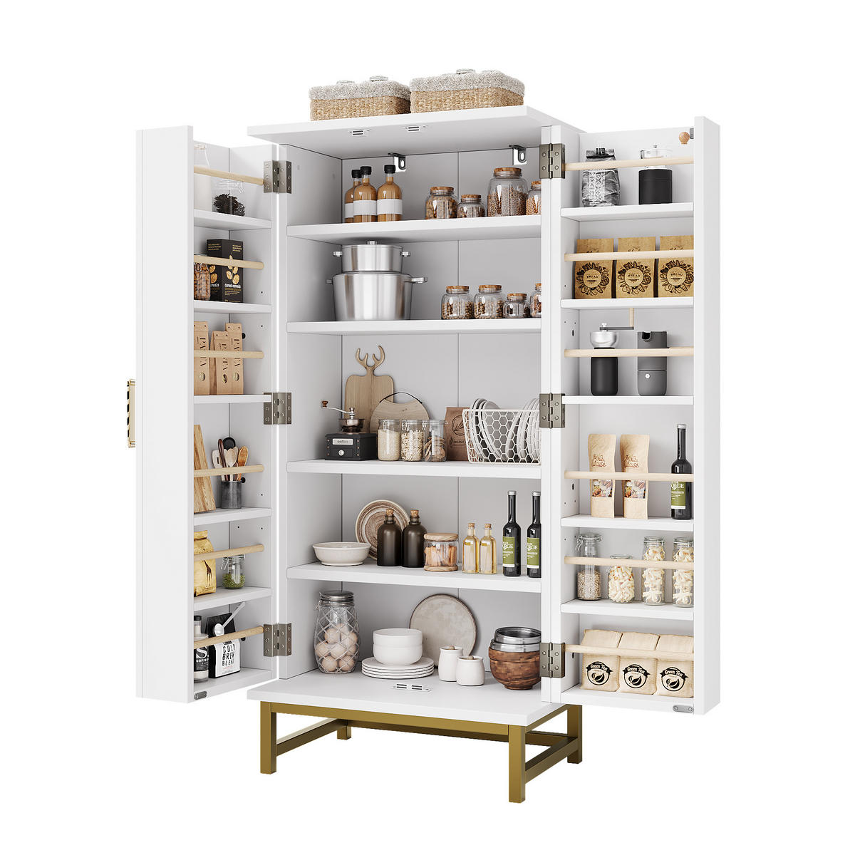 KÜCHENSCHRANK 60x40x130 cm, 2 verstellbare Einlegeböden, Türfächer, Weiß/Gold - Weiß, Holzwerkstoff (60/130/40cm) - FOHERE