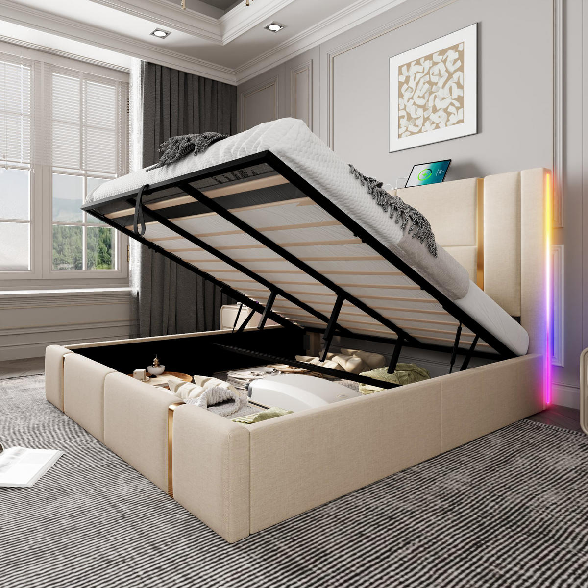 POLSTERBETT 180/200 cm mit Bettkasten, LED & USB/Typ-C am Kopfteil, Lattenrost,Beige - Beige, Textil (180/200cm) - Redom