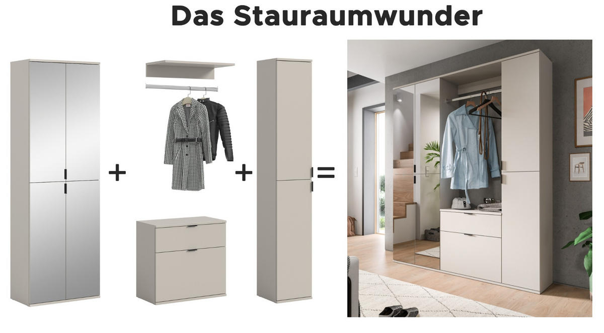 GARDEROBEN-SET Kaschmir 152 x 193 cm, Garderobenschrank mit Spiegel - Kaschmir/Schwarz, Glas/Holzwerkstoff (152/193/34cm) - Inn.Furn