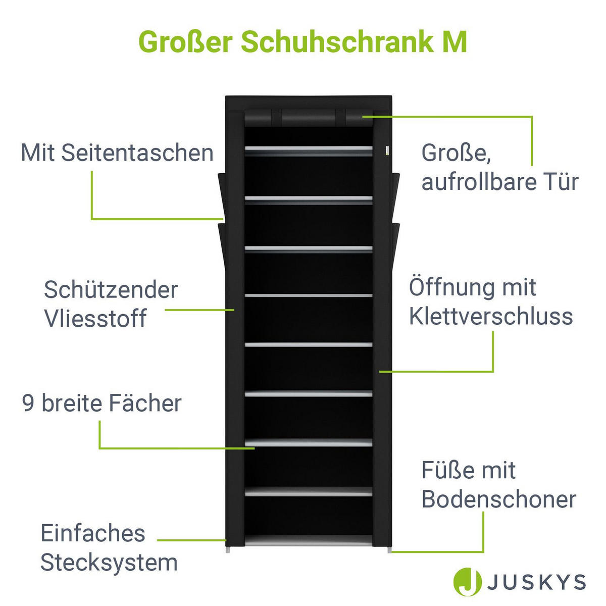 SCHUHREGAL mit Seitentaschen 160 x 58 cm schwarz - Schwarz, Textil (58/160/28cm) - Juskys