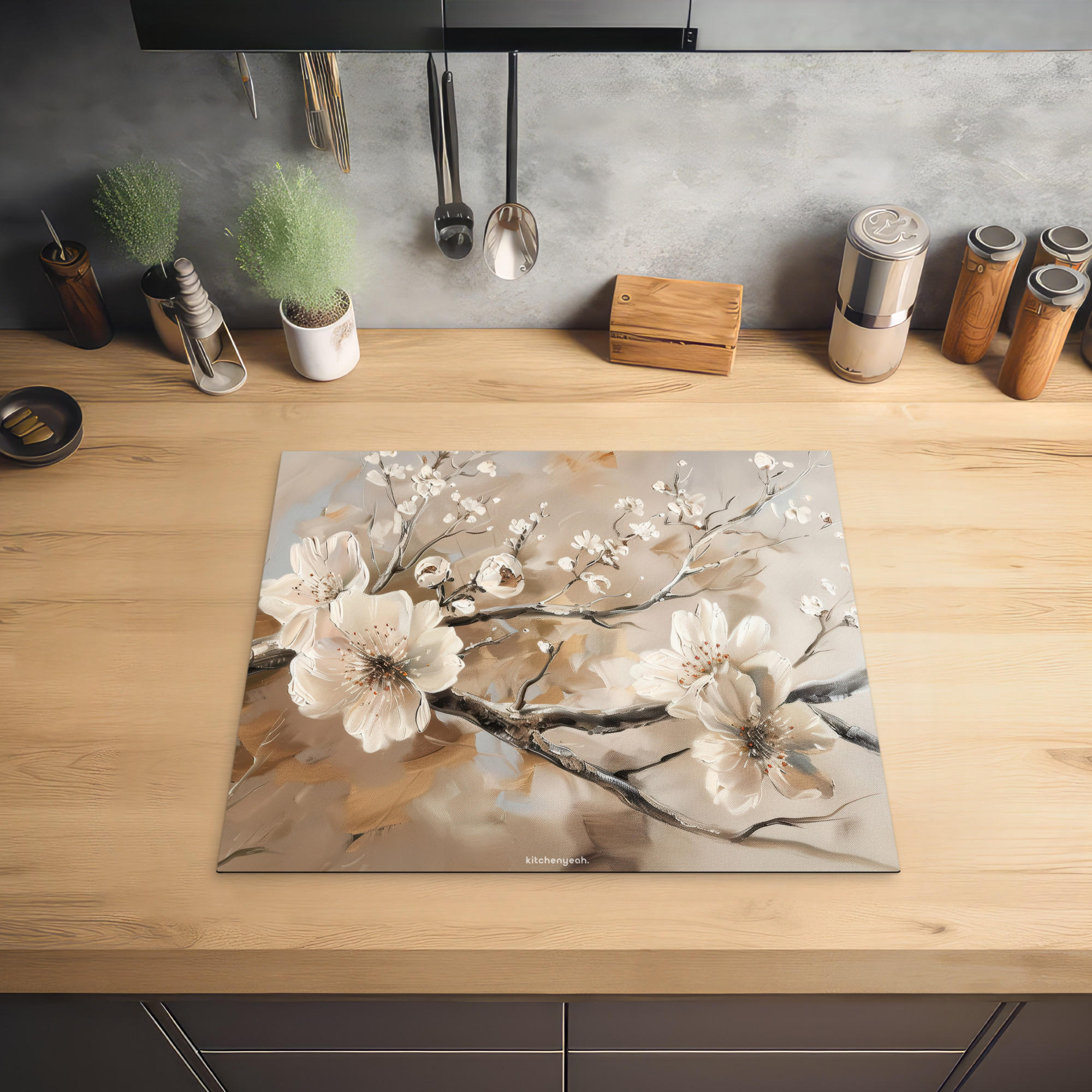 HERDABDECKPLATTE Blumen - Abstrakt - Gemalt - Beige 57x51 cm - Kaschmir, Kunststoff (57.6/0.2/51.6cm) - MuchoWow