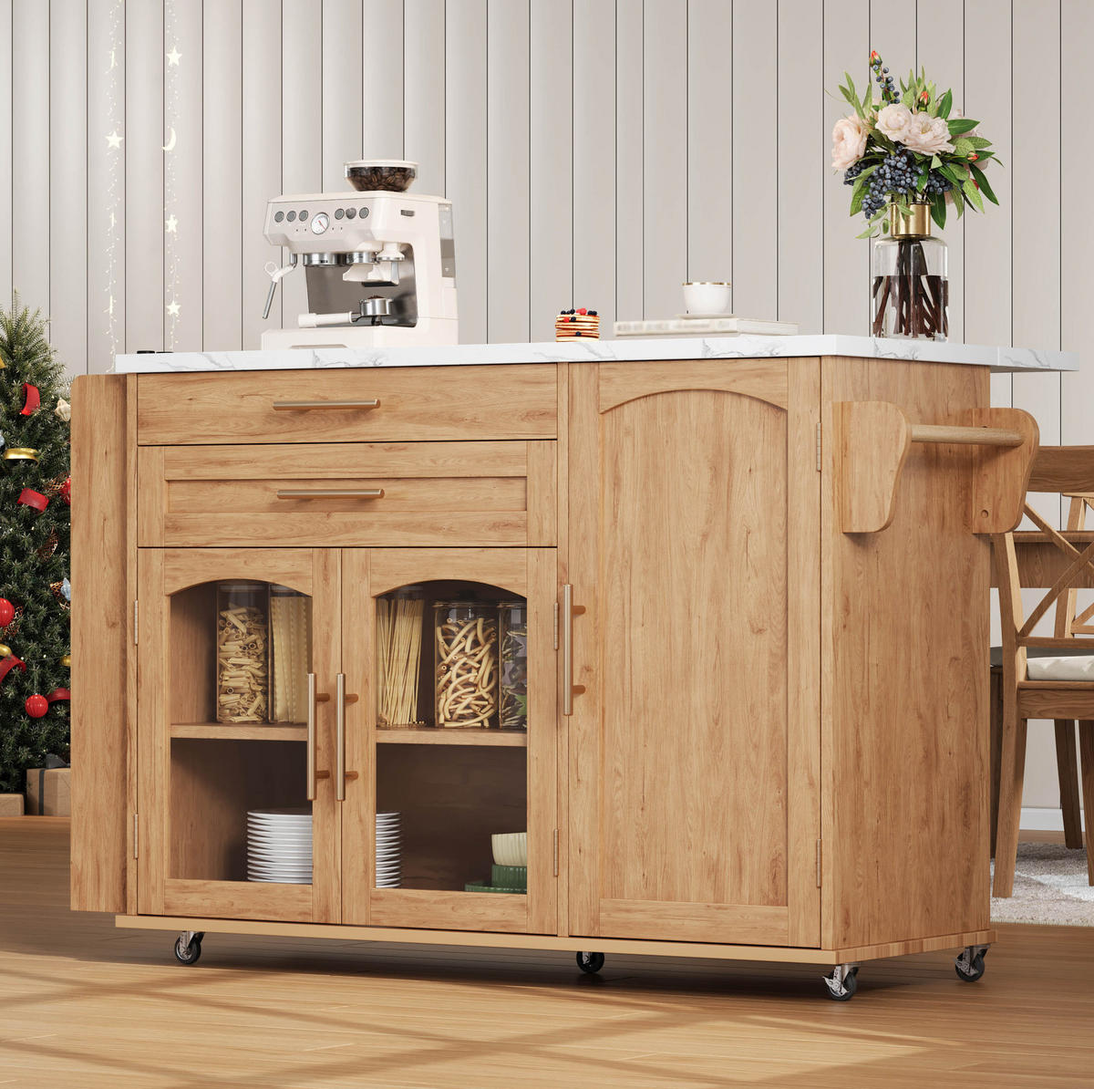 KÜCHENINSEL mit Klappplatte auf Rollen 138 x 70 x 90 cm Natural - Naturfarben, Holz (70/90/138cm) - Beauniv