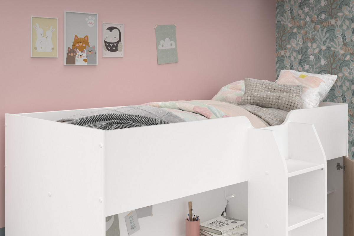 HOCHBETT mit Kleiderschrank und Schreibtisch Bett 90 x 200 cm - Eichefarben/Silberfarben, Holz/Holzwerkstoff (90/200cm) - Parisot Meuble