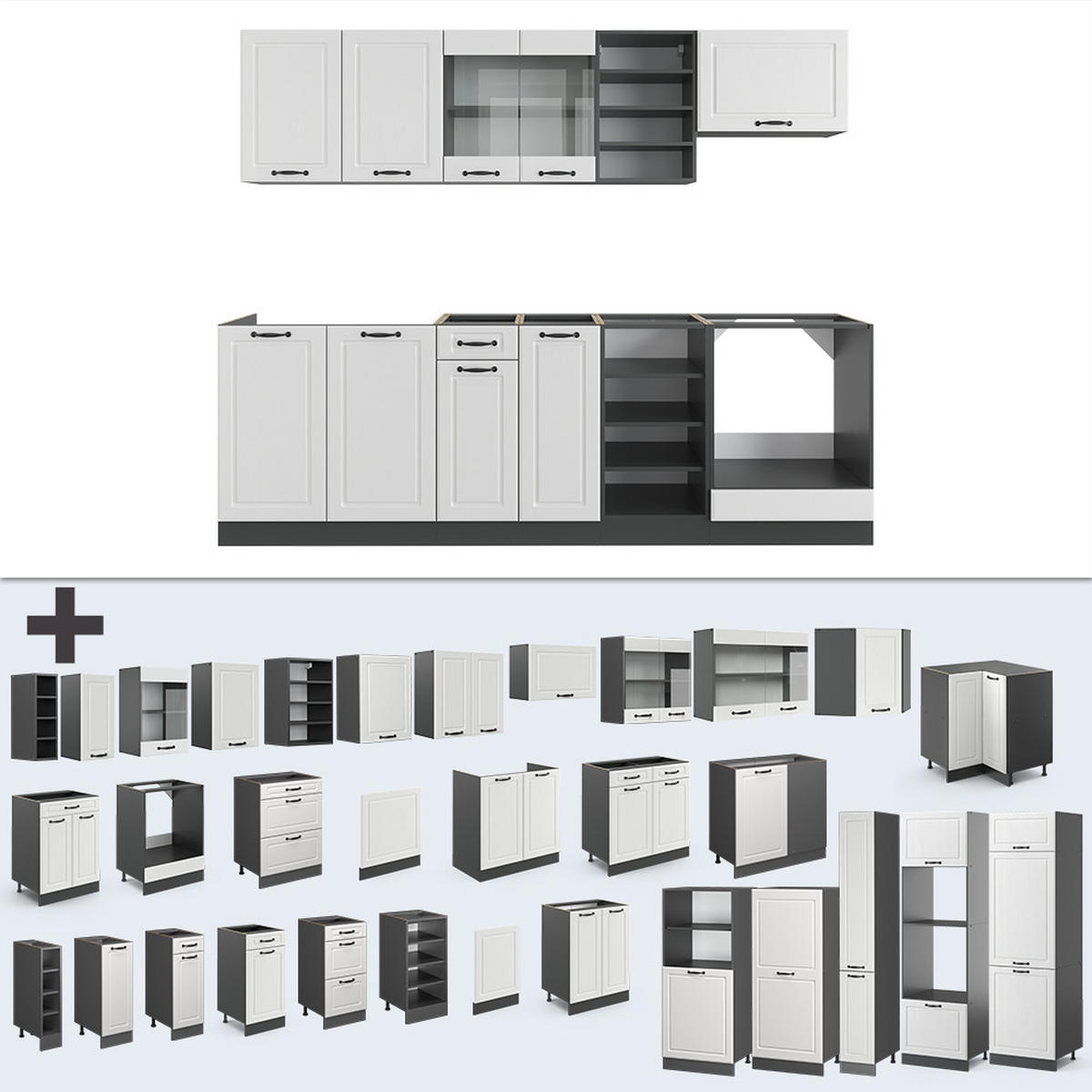 KÜCHENZEILE R-Line Weiß Landhaus/Anthrazit 240 cm, AP Eiche - Anthrazit/Creme, Holzwerkstoff (240/81.6/60cm) - Vicco