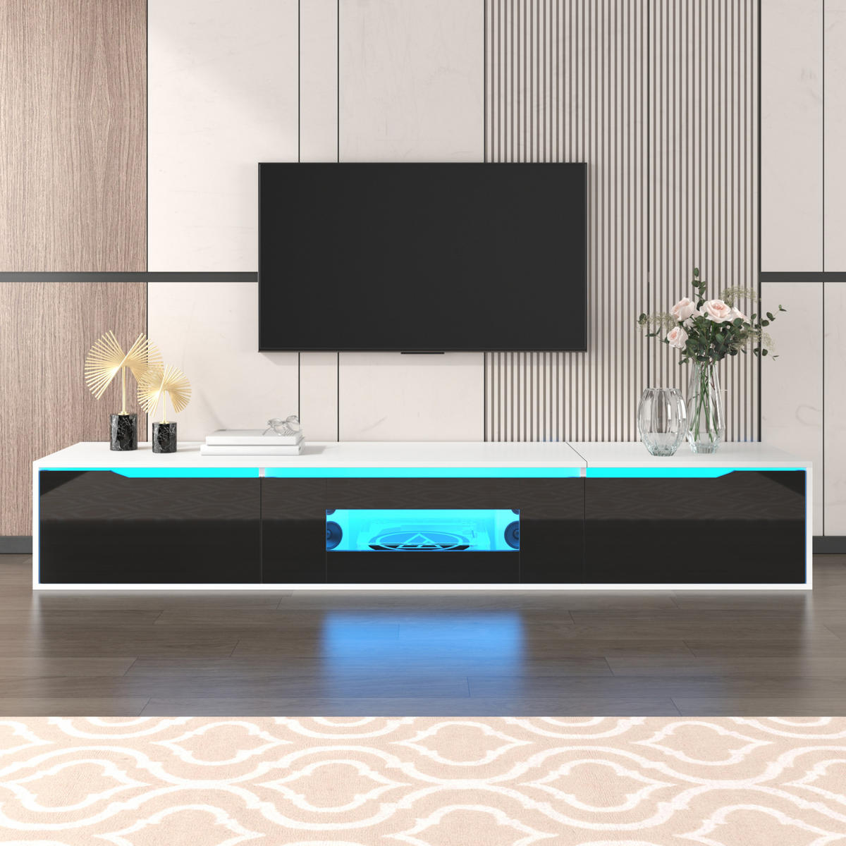 TV-SCHRANK 180/30/35 cm weiß Hochglanz mit LED-Beleuchtung, 16 Farben - Schwarz, Holzwerkstoff (180/35/30cm) - OKWISH