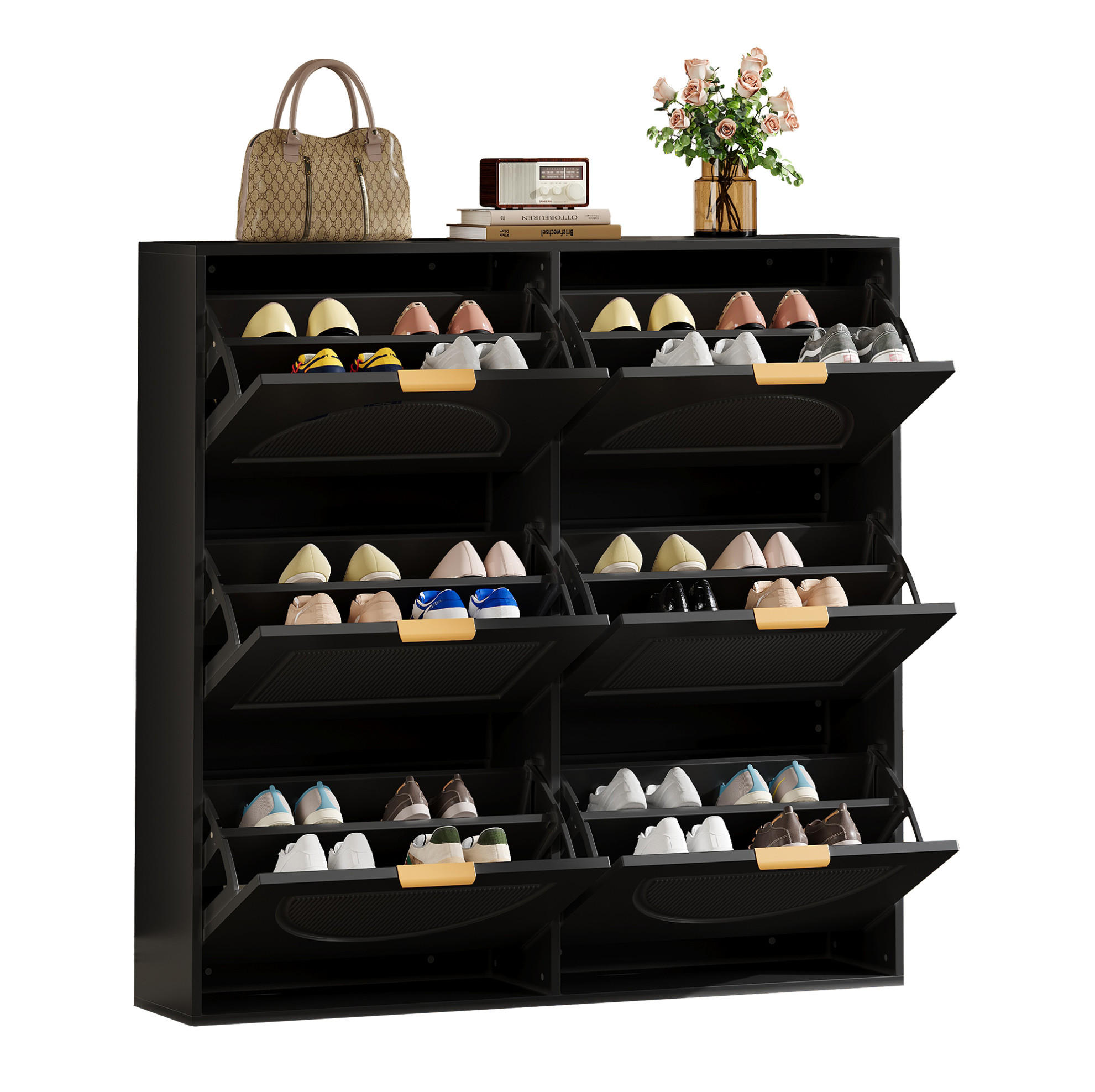 SCHUHSCHRANK 118/25/115 cm in Schwarz mit 6 Klappen und offenen Ablagen - Schwarz, Holzwerkstoff (118/115/25cm) - Flora Grace