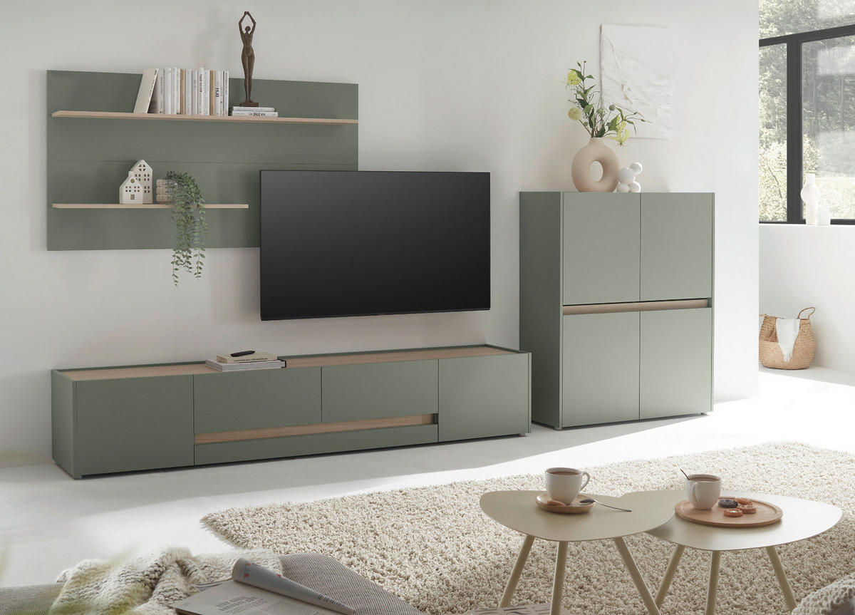 WOHNWAND 3-teilig Salbei grün, Barista Eiche 343 cm, Wohnkombination in modernem Design - Salbeigrün/Eichefarben, Holzwerkstoff/Kunststoff (343/180/45cm) - Furn.Design