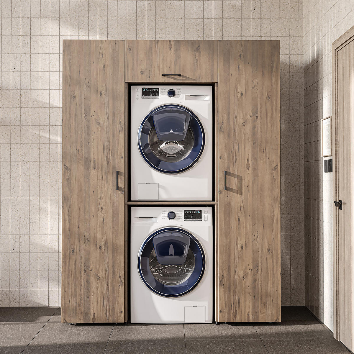 WASCHMASCHINENSCHRANK DUO-II 157cm Breit, 205cm Hoch - Eichefarben, Holzwerkstoff (157/205/67cm)