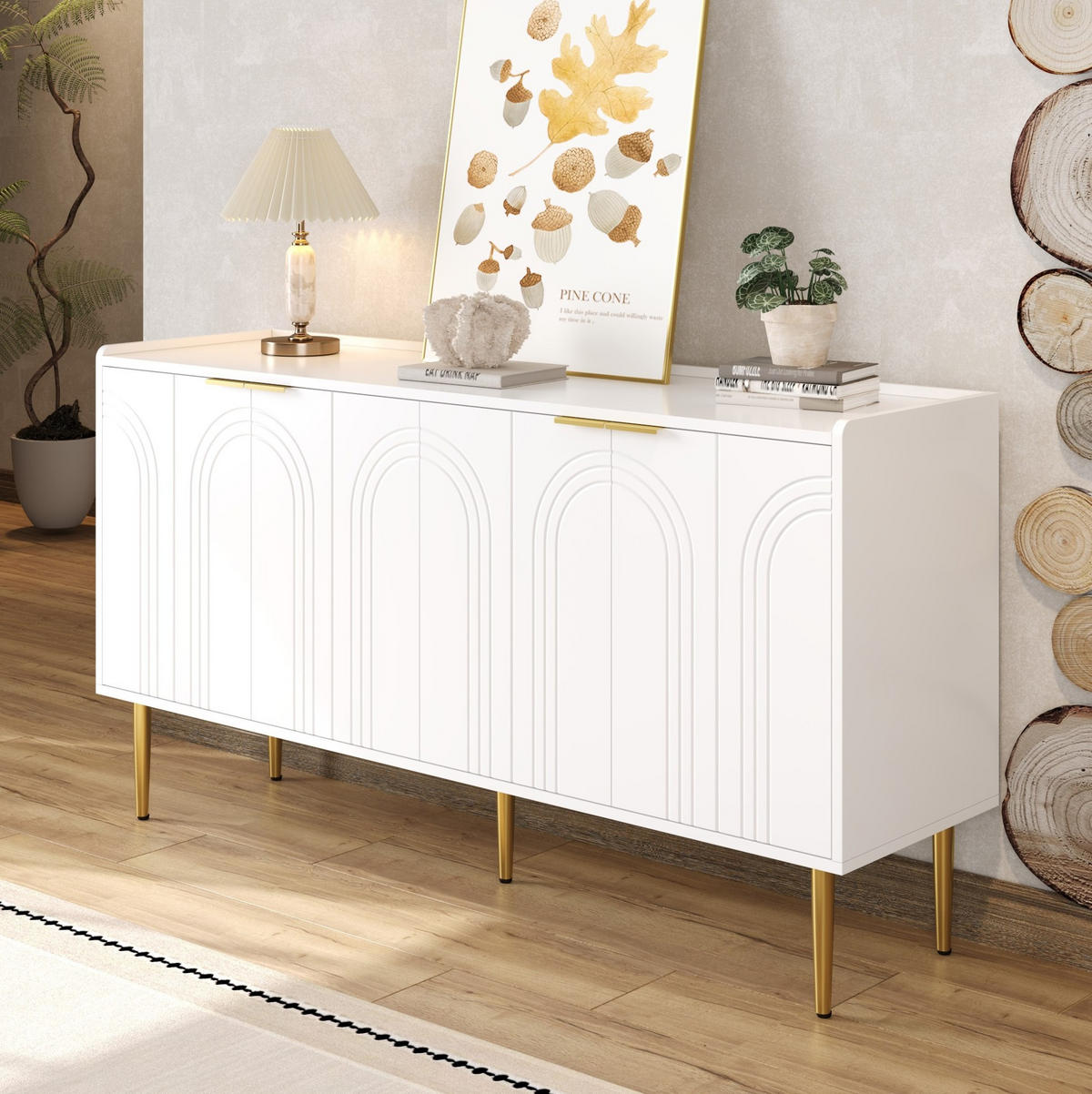 KOMMODE 140/38/75 cm in Weiß mit 4 Türen und goldfarbenen Metallbeinen - Weiß, Holzwerkstoff (140/75/38cm) - Flora Grace