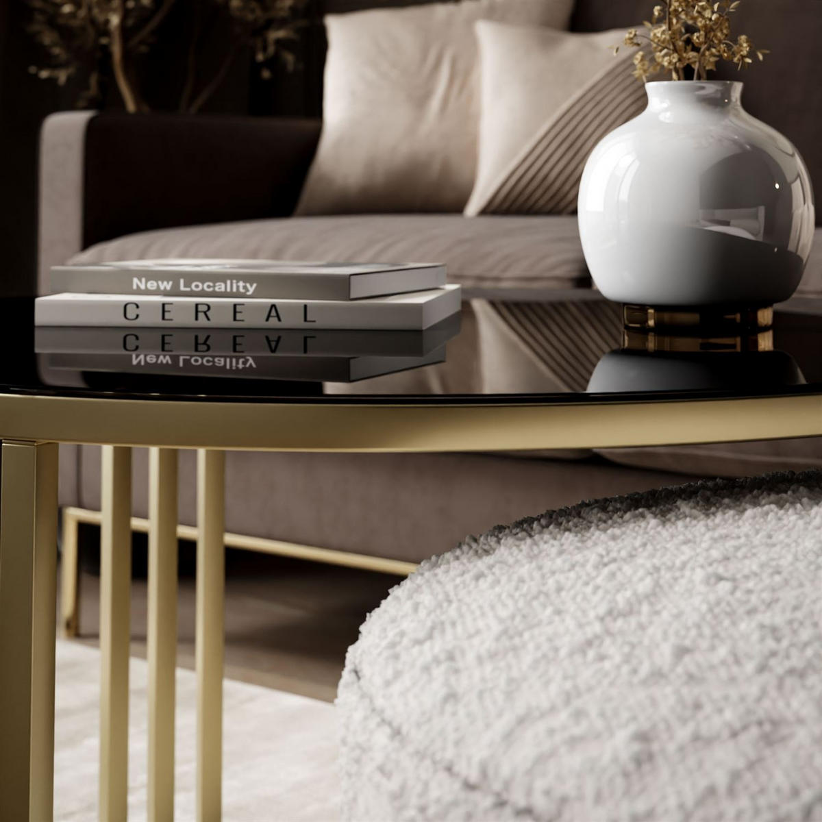 COUCHTISCH mit Hocker LORI GLASS gebürstetes Gold/schwarzes Glas/Coral 65 - Schwarz, Metall (70/70/49cm) - Lookway