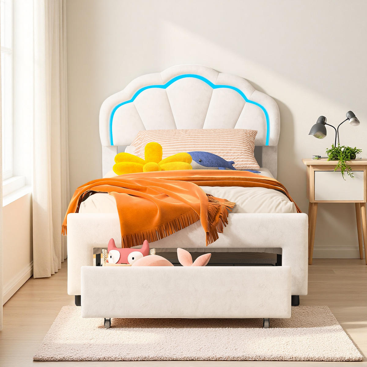 POLSTERBETT 90x200 cm LED Schubladen Lattenrost Samt weiß - Weiß, Holz (90/200cm) - LEBENLANG
