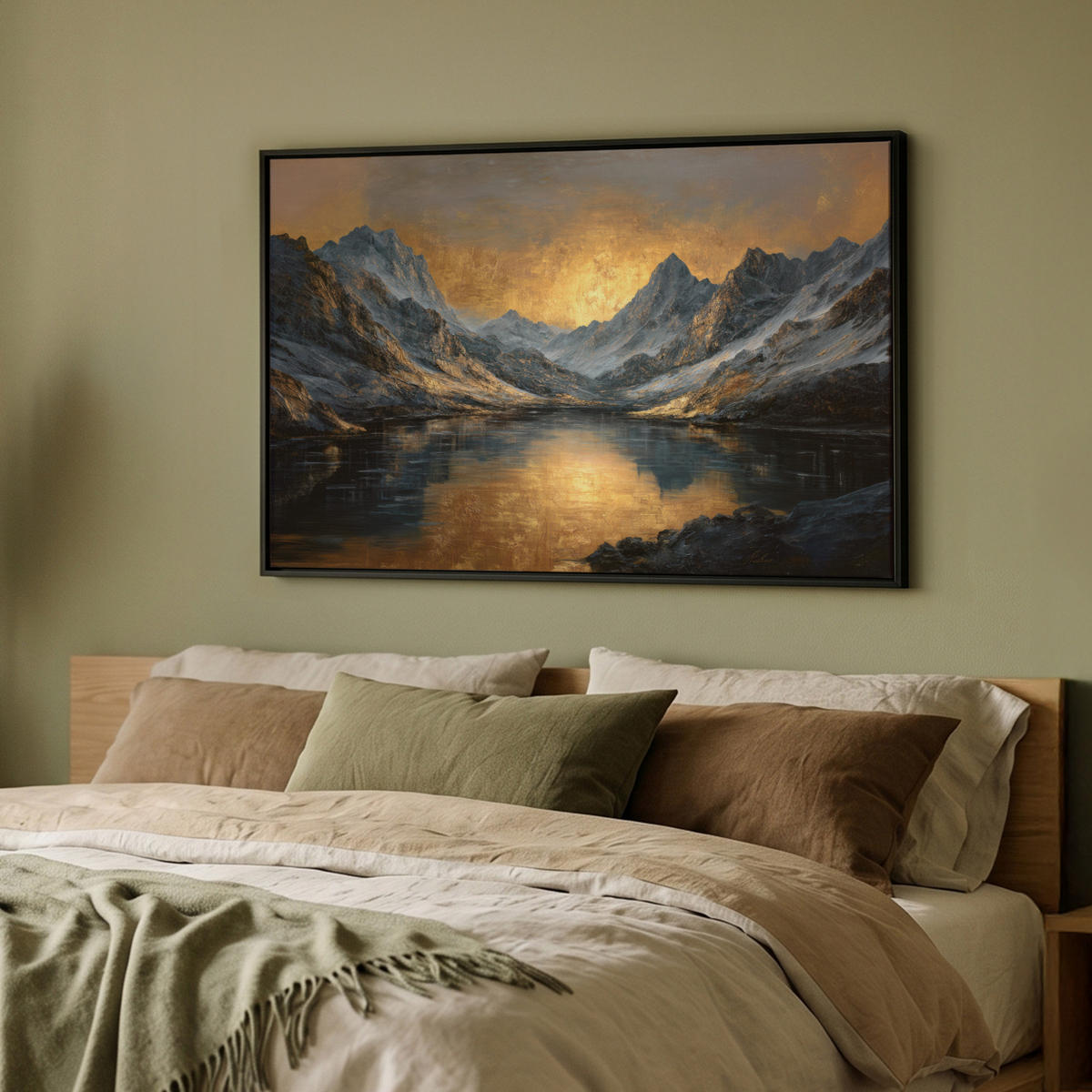 LEINWAND Bilder mit Rahmen - Bergkulisse mit goldenem Sonnenuntergang - 90x60 - Goldfarben, Textil (90/60cm) - MuchoWow