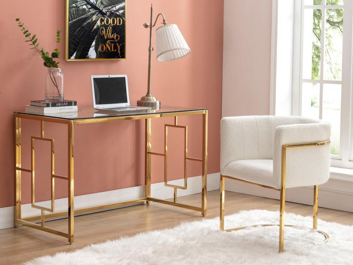 STUHL mit Armlehnen - Bouclé-Stoff & Metall - Weiß & Goldfarben - PERIA - Weiß, Textil (56.5/76/60cm) - Pascal Morabito