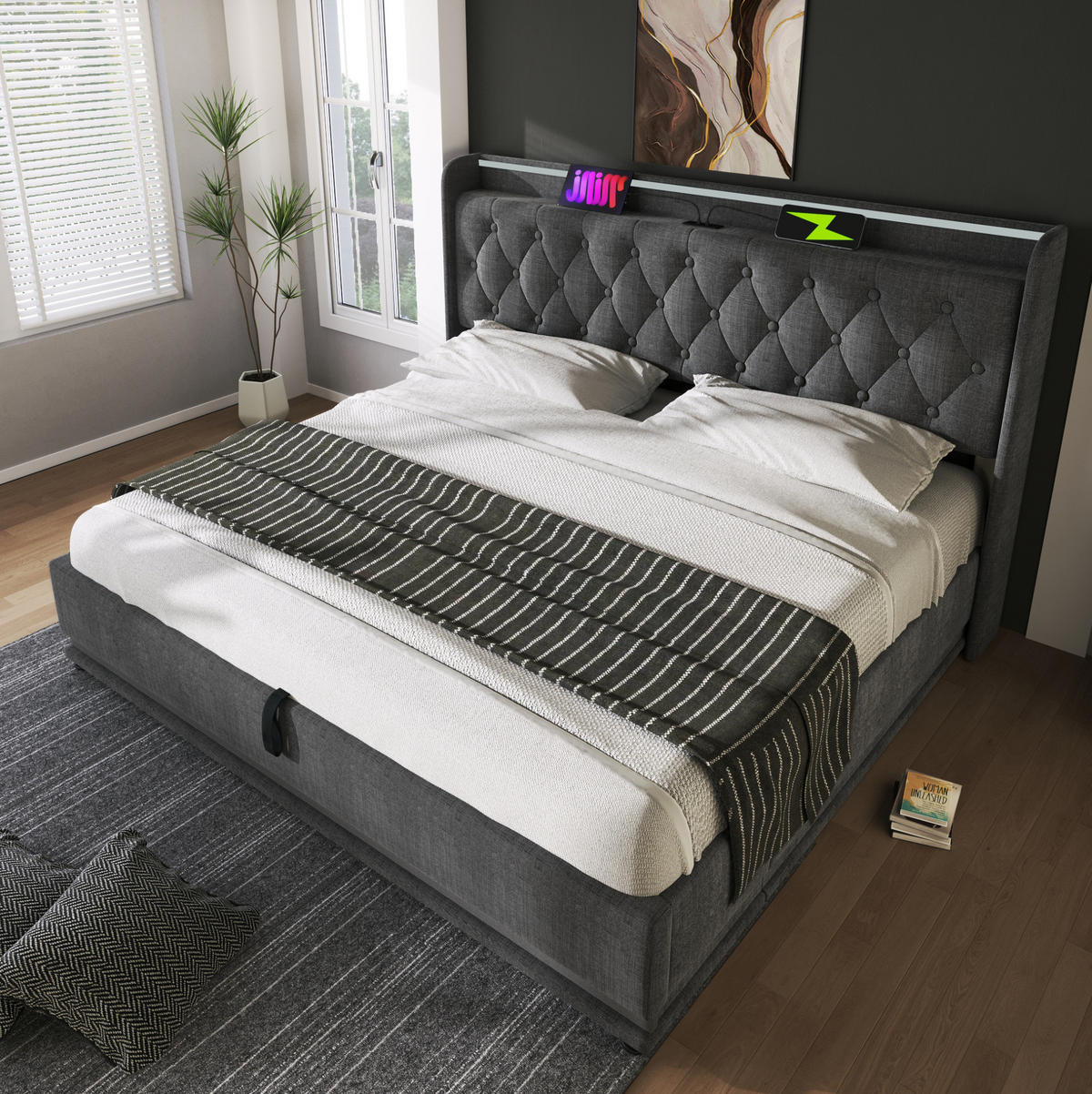 POLSTERBETT mit LED und Stauraum 160x200 cm Leinen Grey - Grau, Metall (160/200cm) - Meubliv