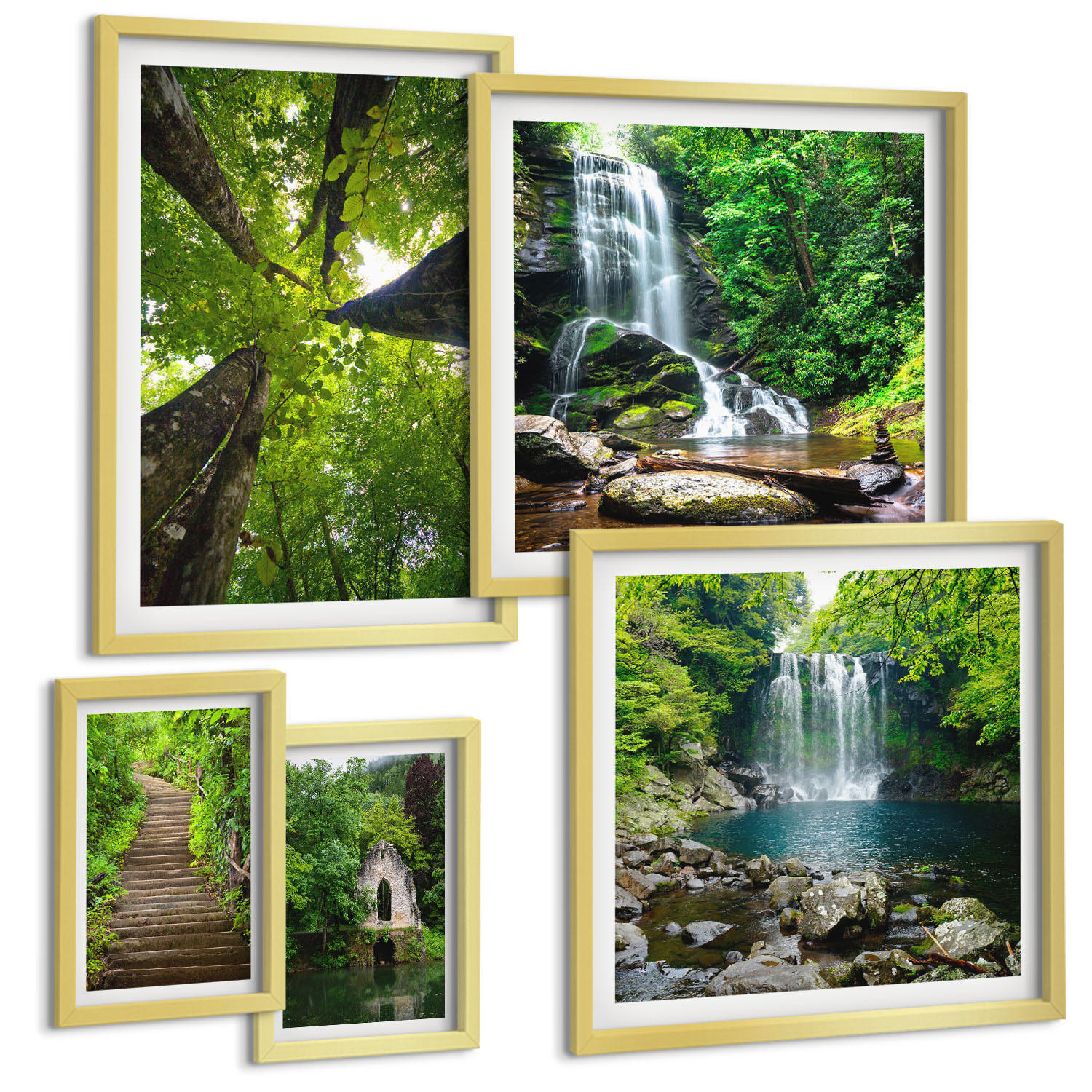 BILDER SET 5er Set - 50x50 cm & 20x30 cm & 40x60 cm Goldrahmen - Denkmäler Europas in warmen Farben - Goldfarben, Kunststoff (40/60cm) - TULUP