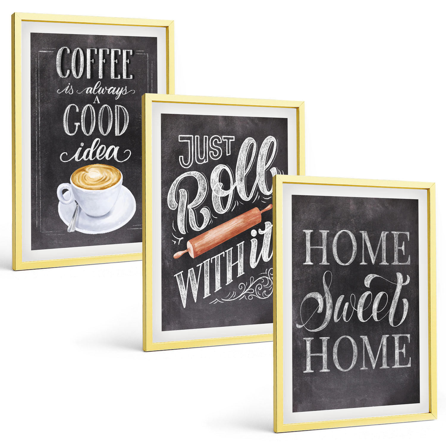 BILDER SET 3er Set - 40x60 cm Goldrahmen - Kaffeeroller, heimelige Wärme - Goldfarben, Kunststoff (40/60cm) - TULUP