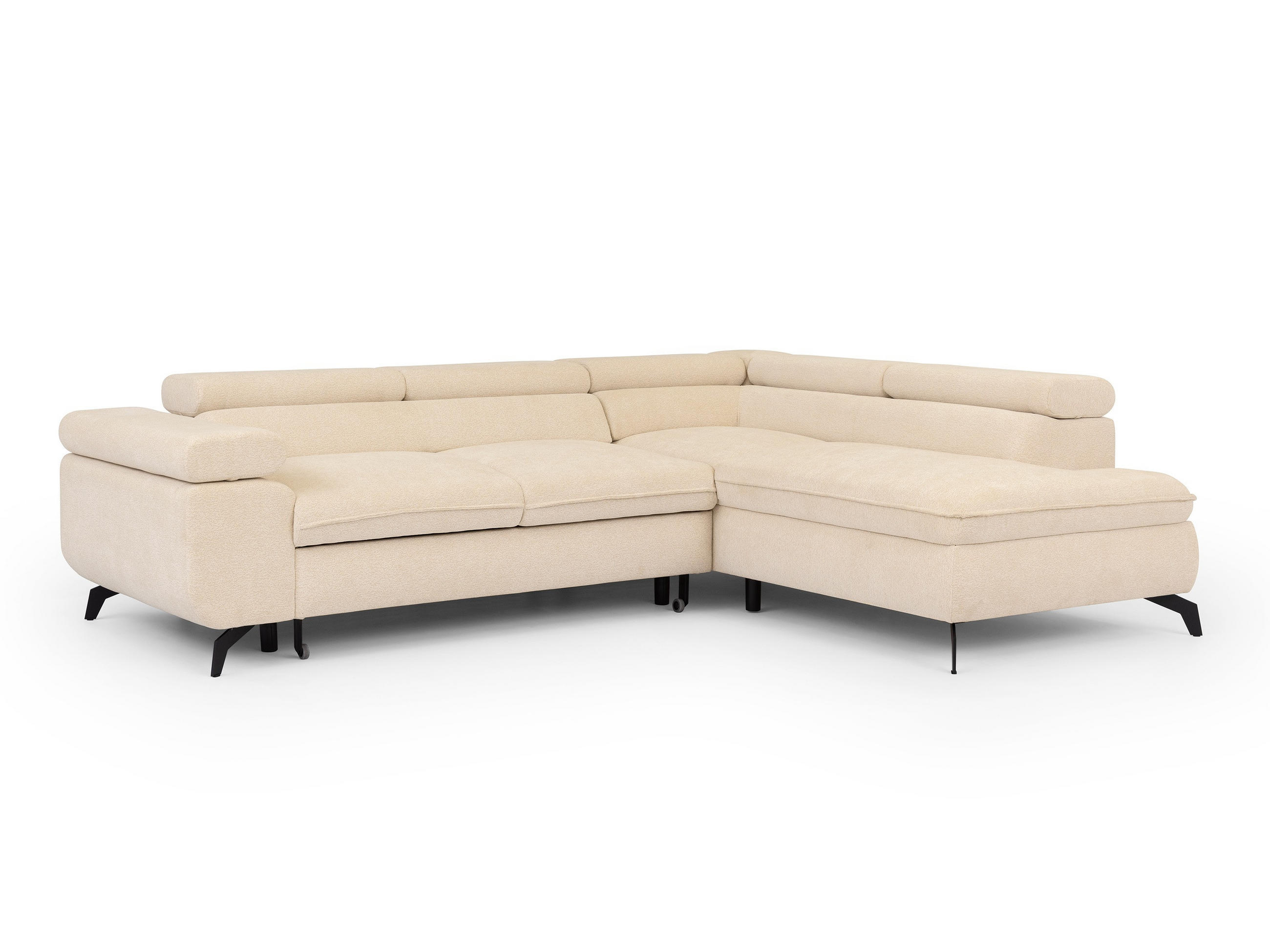 ECKSOFA mit Schlaffunktion und Bettkasten Bonnie aus Creme Chenille-Stoff mit verstellbaren Kopfstützen und Armlehne - Ottomane rechts - Creme/Schwarz, Holz/Textil (275/210cm) - S-Style Möbel