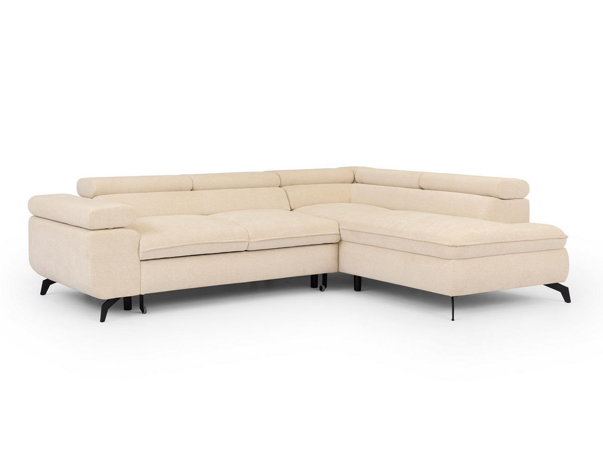 ECKSOFA mit Schlaffunktion und Bettkasten Bonnie aus Creme Chenille-Stoff mit verstellbaren Kopfstützen und Armlehne - Ottomane rechts - Creme/Schwarz, Holz/Textil (275/210cm) - S-Style Möbel