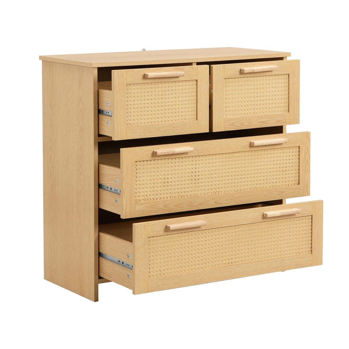 SIDEBOARD Rattan kommode mit 4 Schubladen & Massivholz Griffen - Eichefarben, Naturmaterialien/Holzwerkstoff (80/80/38cm) - Urban Meuble