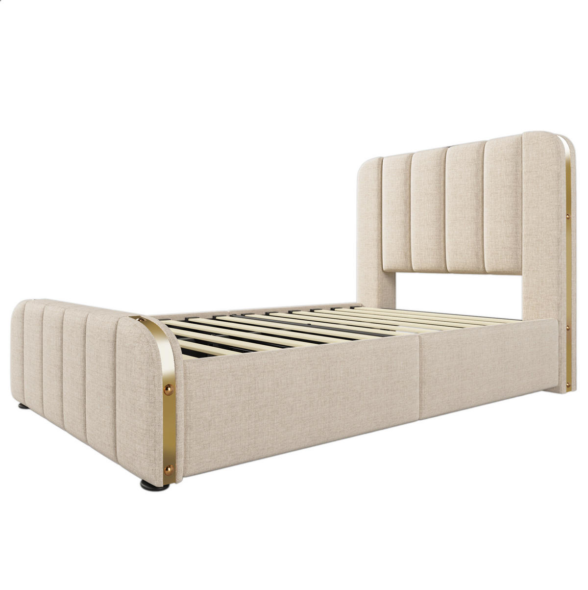 POLSTERBETT mit 4 Schubladen und USB/Typ-C 90x200 cm Beige Leinen - Beige, Metall (90/200cm) - Meubliv