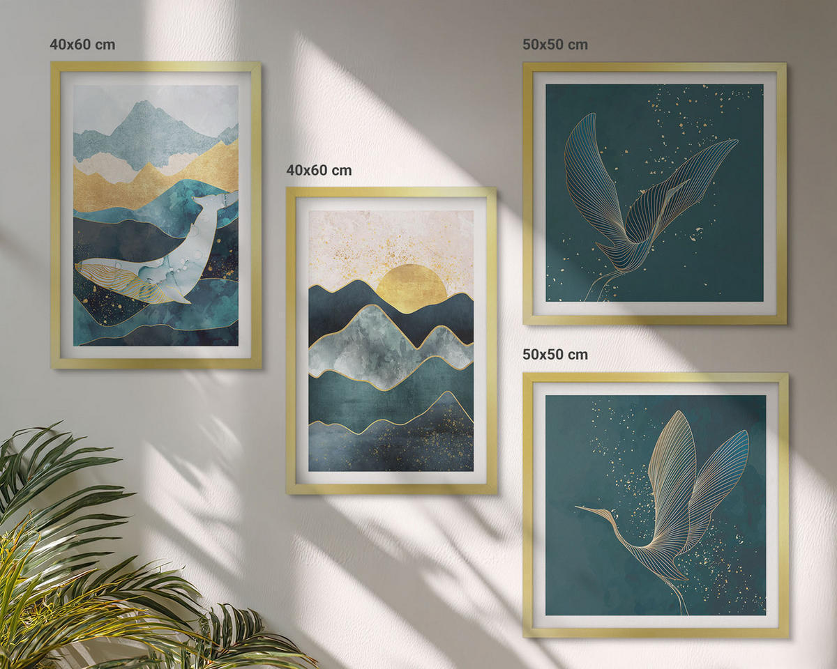 BILDER SET 4er Set - 50x50 cm & 40x60 cm Goldrahmen - Abstrakte Kranichberge - Goldfarben, Kunststoff (50/50cm) - TULUP