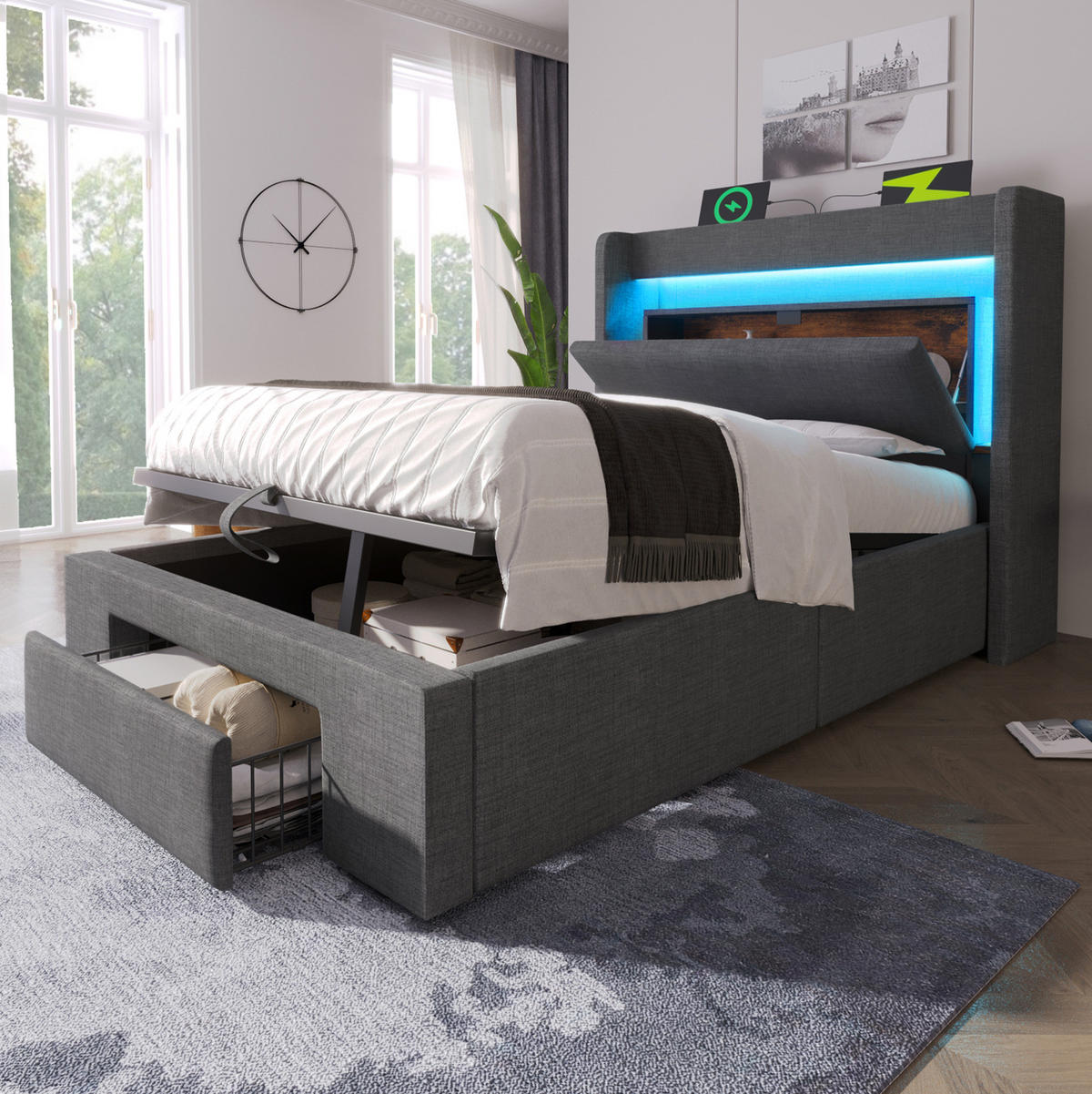 POLSTERBETT 90/200 cm mit LED-Beleuchtung, USB- und USB-C-Anschluss, Stauraum und Schublade und Matratze, Leinen, Grau - Grau, Textil (90/200cm) - Redom