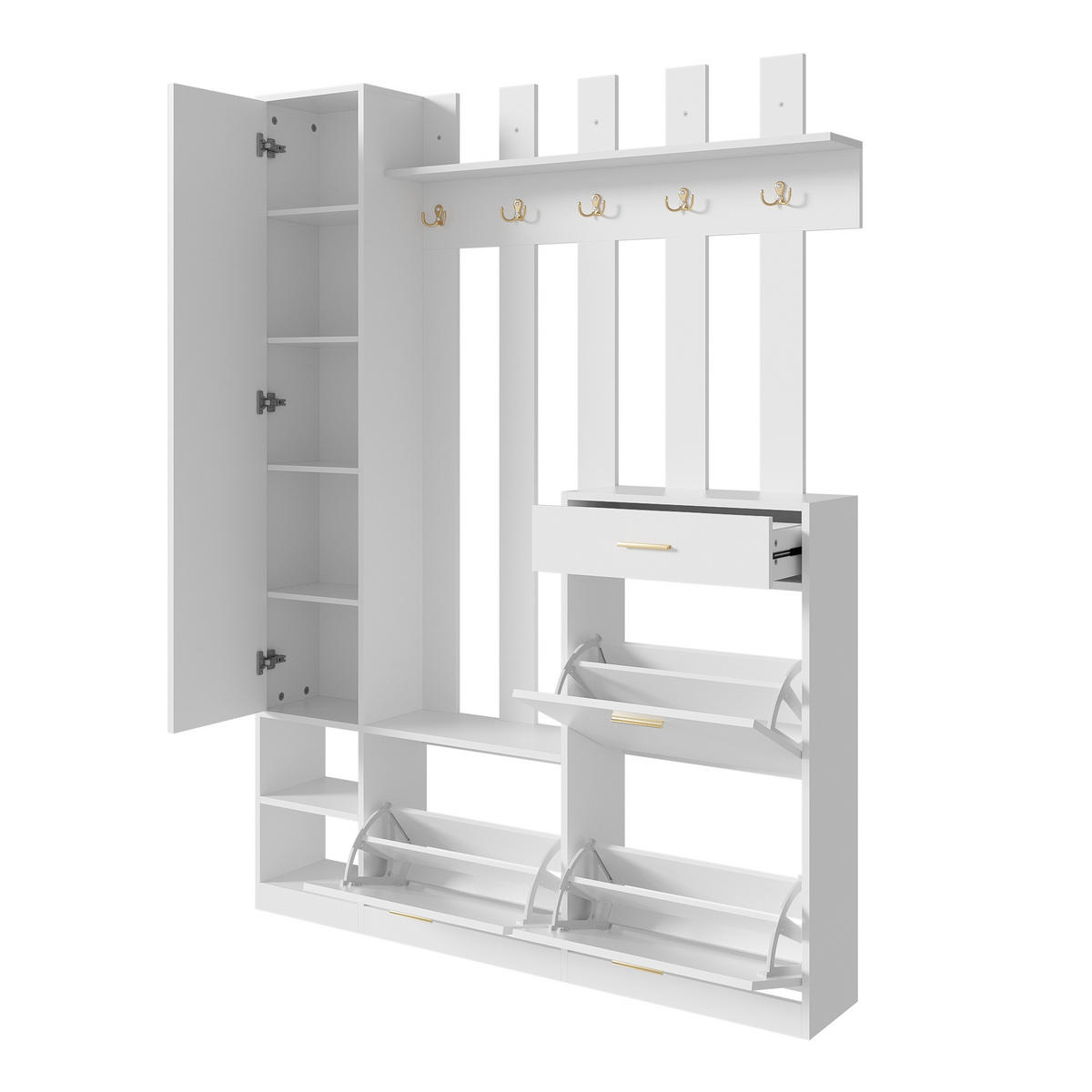 GARDEROBESET mit Spiegel Schuhschrank Haken Weiß Modern - Weiß, Holzwerkstoff (133/180/23.5cm) - FLIEKS