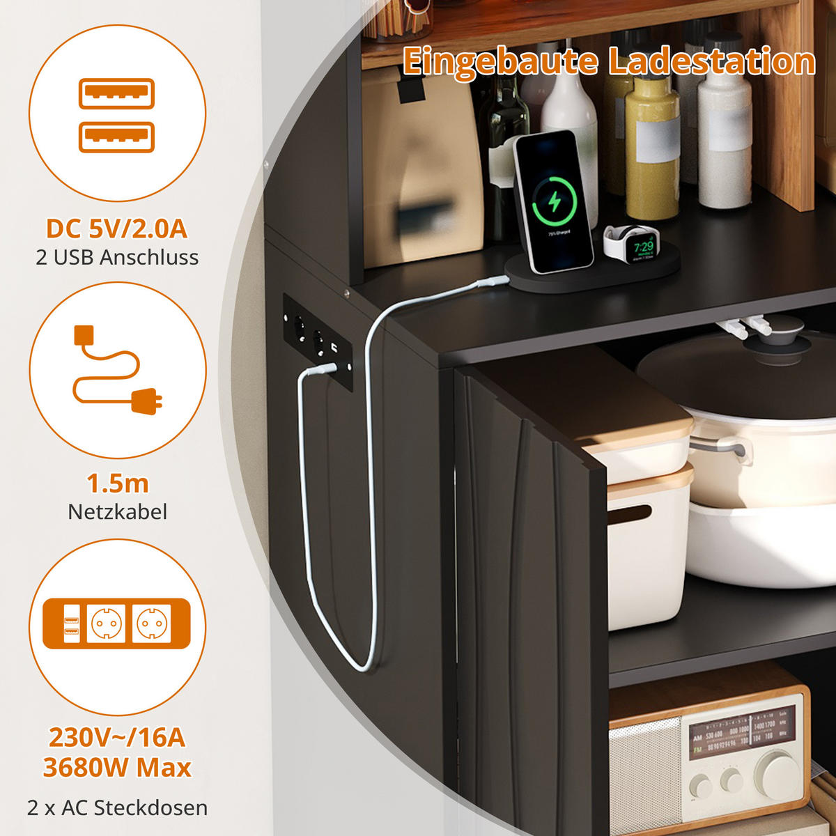 BUFFET DE-38743 120/43/160 cm LED-Beleuchtung und Lochwand Schwarz - Schwarz, Holzwerkstoff (120/160/43cm) - ComfortXL
