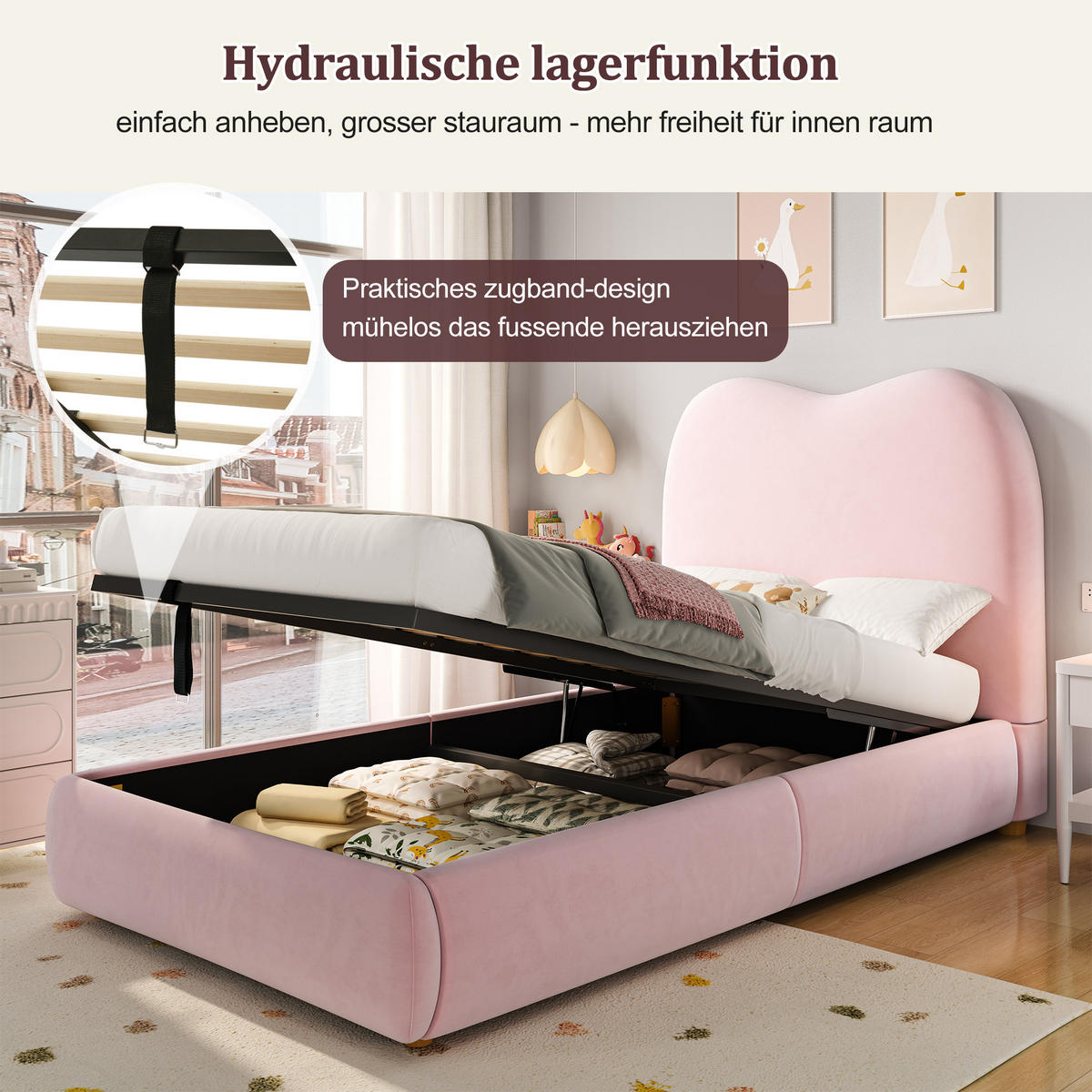 POLSTERBETT 90/200 cm Pink Samt mit hydraulischem Bettkasten und Lattenrost - Rosa, Textil (90/200cm) - OKWISH
