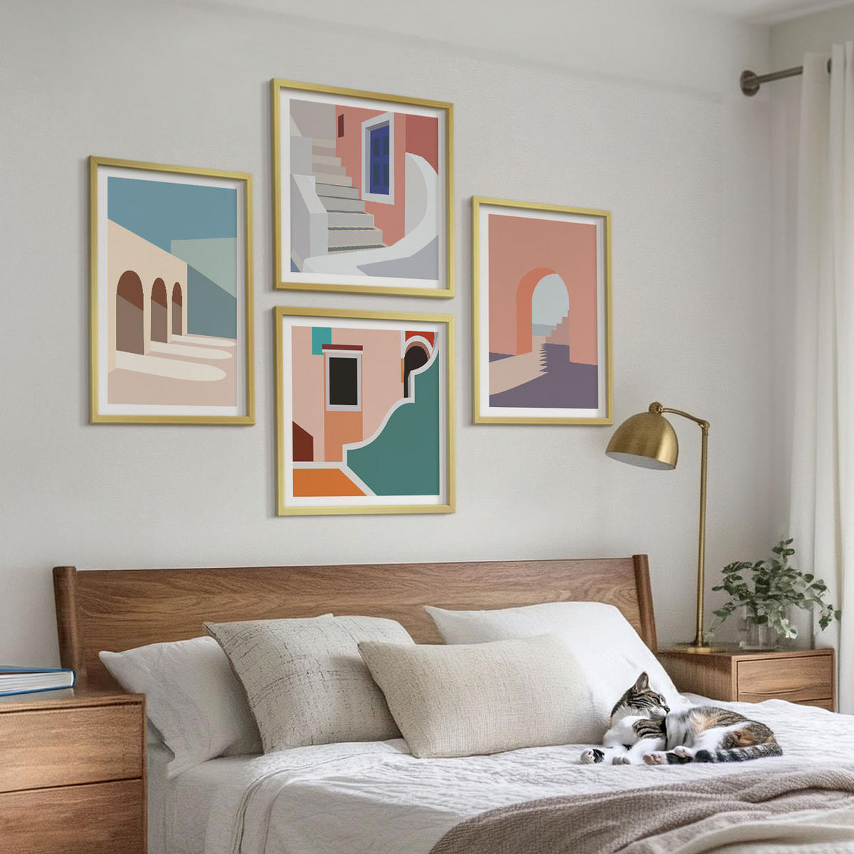 BILDER SET 4er Set - 50x50 cm & 40x60 cm Goldrahmen - Minimalistische Pastellgrafiken - Goldfarben, Kunststoff (50/50cm) - TULUP