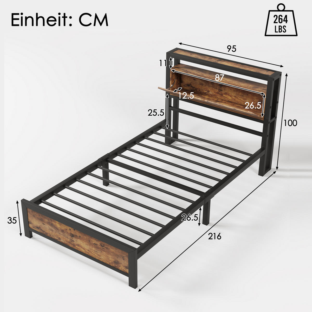 METALLBETT 90/200 cm Natur aus Metall und Holz mit Stauraum-Kopfteil - Naturfarben, Metall (90/200cm) - OKMYHOME