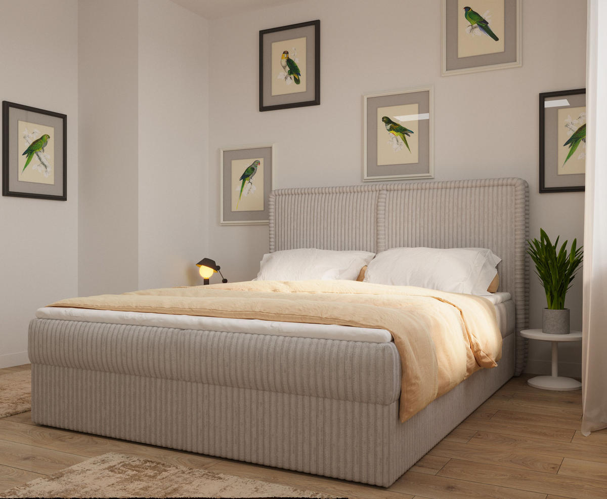 BOXBETT 04 180 x 200 cm - Ambience – Modernes Polsterbett mit Bettkasten, Topper und gepolstertem Kopfteil, Stoffbezug, Stauraumbett - Hellgrau, Holz (180/200cm) - ROYAL24_MARKT
