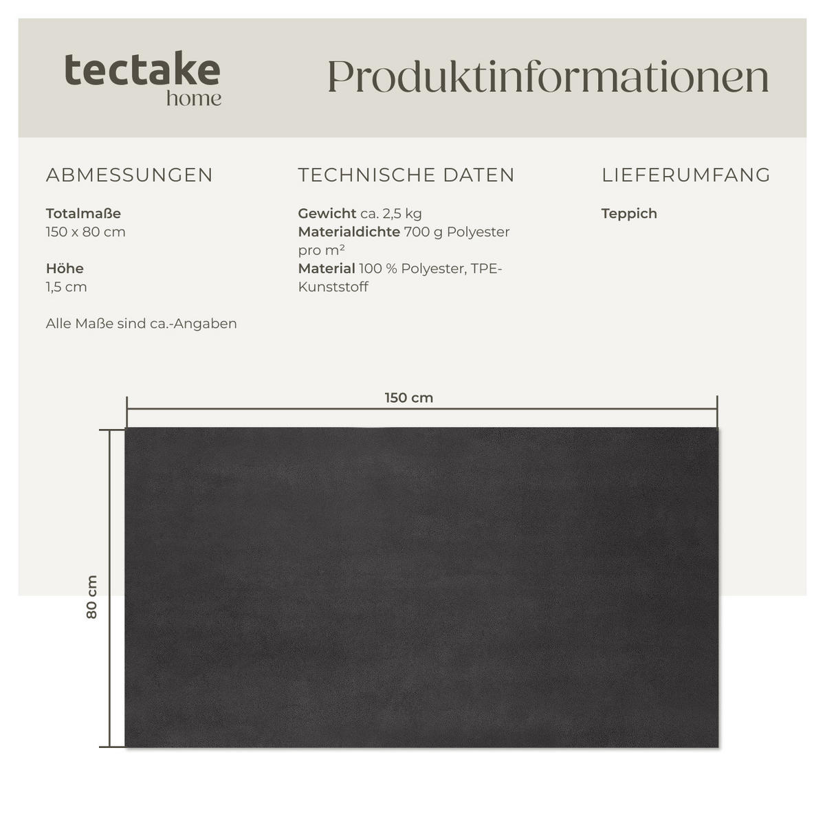 KURZFLORTEPPICH Soft Zone,rutschfeste Unterseite,anthrazit - Anthrazit, Kunststoff (150/80cm) - tectake