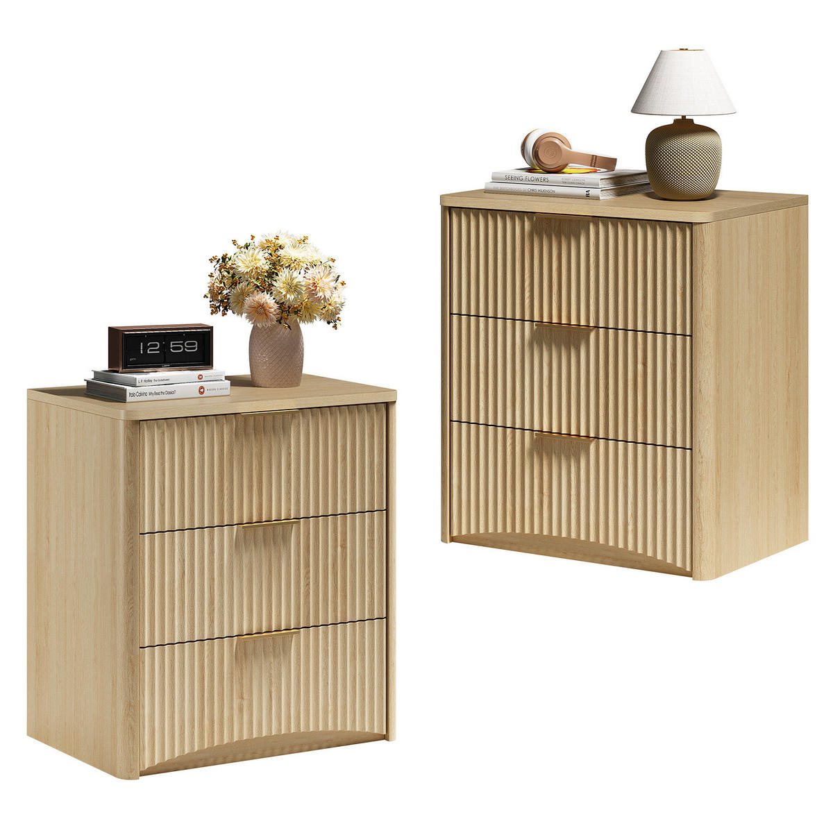 NACHTTISCH 58/38/64 cm in Eiche mit 3 Schubladen und Rillendesign - Braun, Holzwerkstoff (38/64/58cm) - Flora Grace