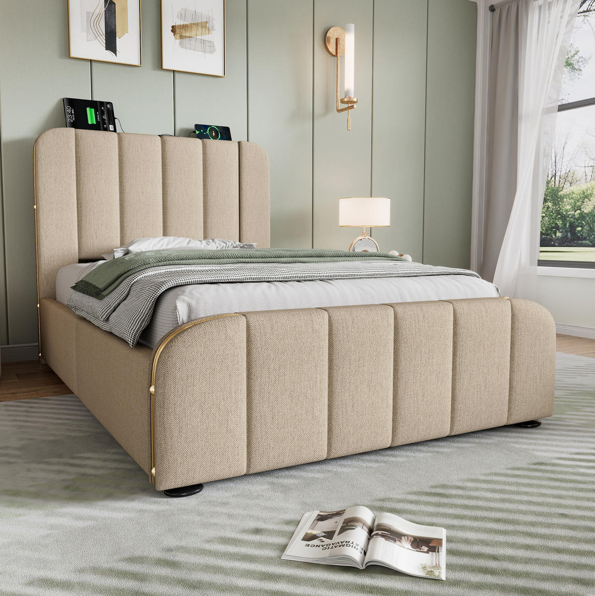 POLSTERBETT 90/200 cm Beige mit 4 Schubladen und USB- und Type-C-Anschlüssen - Beige, Textil (90/200cm) - Flora Grace