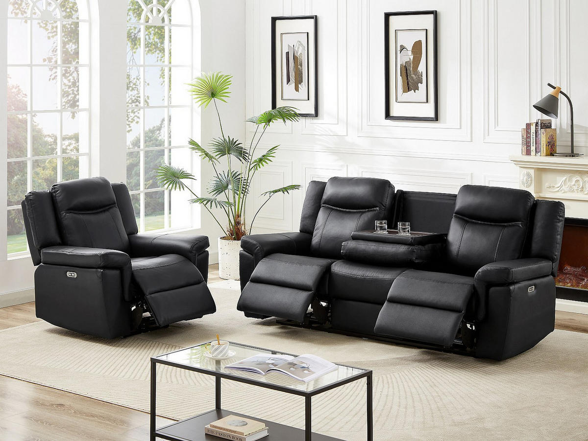 COUCHGARNITUR mit Sessel - 4 Personen - Leder - Schwarz KENNETH - Schwarz, Leder (97/98/93cm) - Vente-Unique